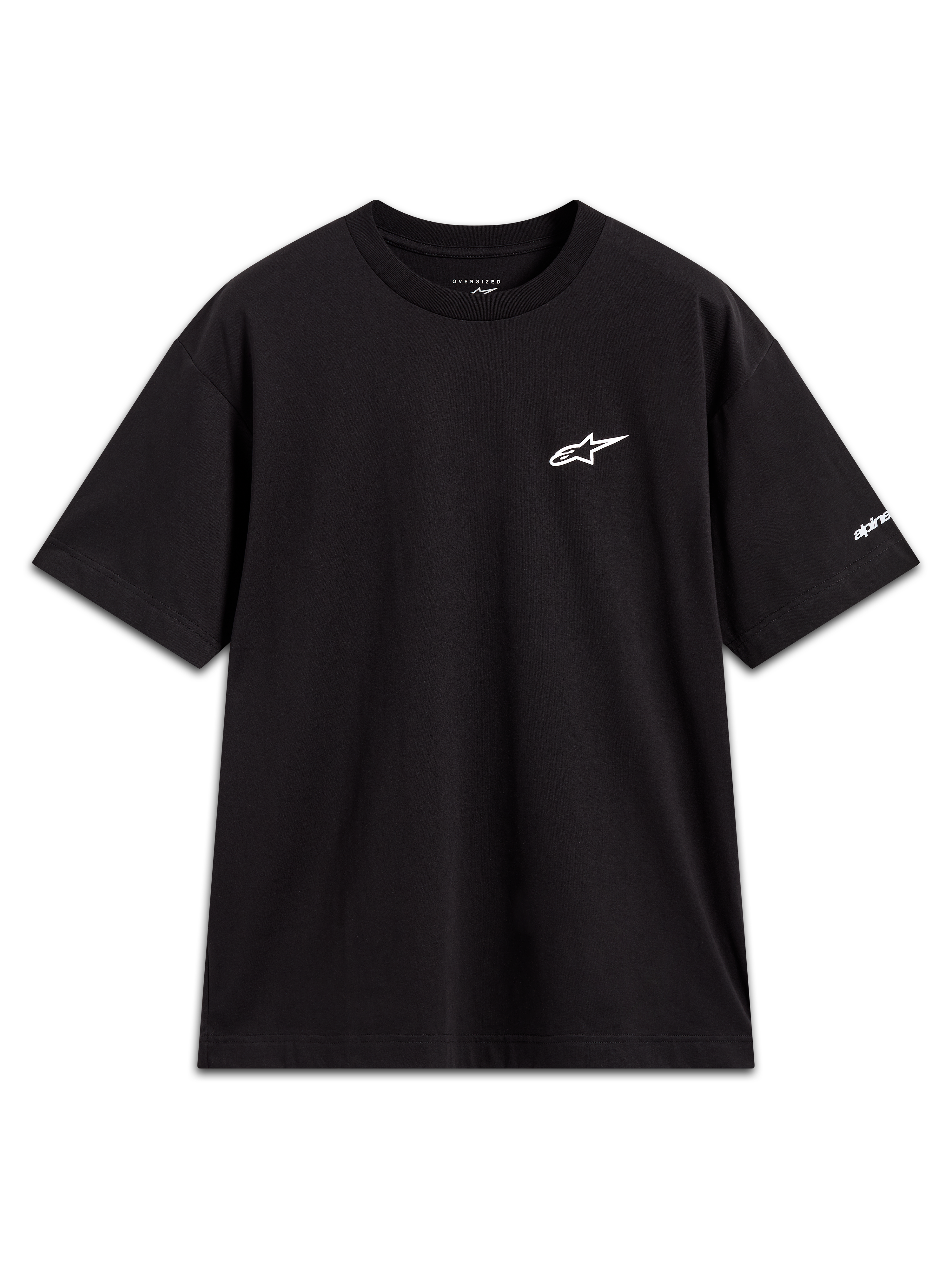 Alpinestars Mandate Oversized CSF T-shirt met korte mouwen, zwart met wit Astars logo in puff print en grafische mouwopdruk.