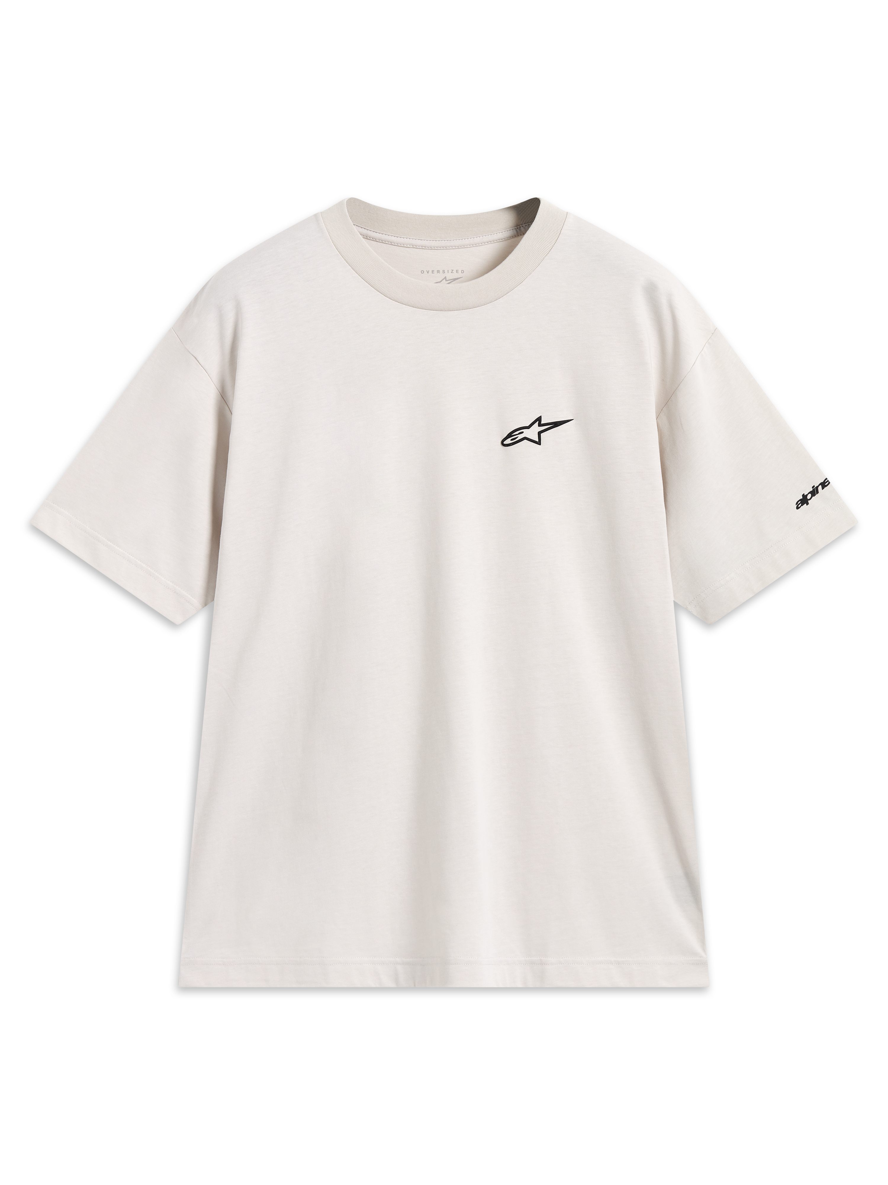 Alpinestars Mandate Oversized CSF t-shirt met korte mouwen, zandbeige met zwart puff print logo op de borst en mouwgrafiek.