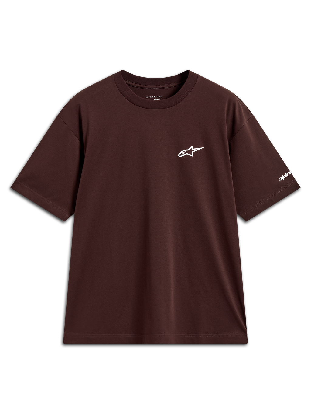 Alpinestars Mandate Oversized CSF T-shirt, bruin lifestyle sportswear shirt met korte mouwen, wit Astars-logo puff print op de borst en merknaam op de mouw, oversized pasvorm.