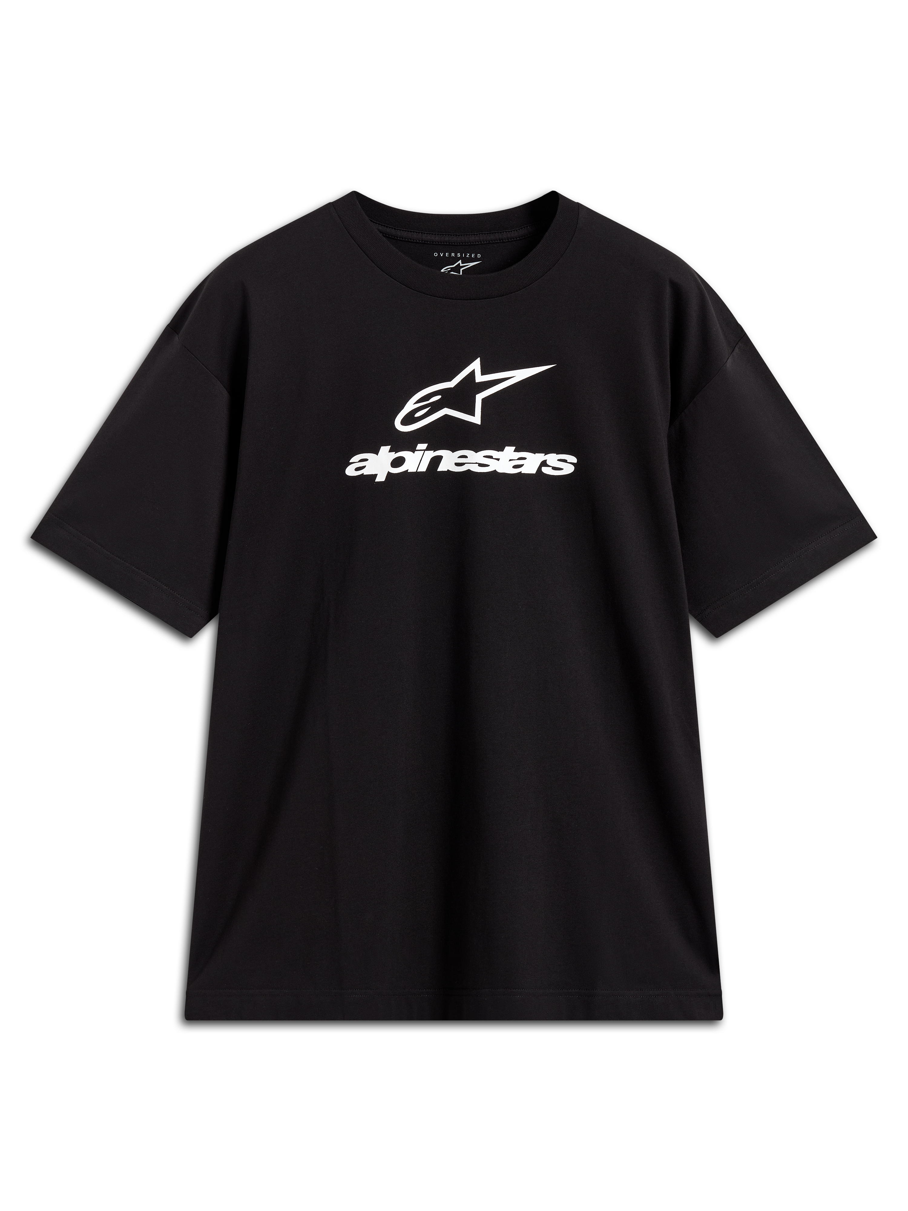Alpinestars Prelude Oversized CSF t-shirt, oversized zwart shirt met korte mouwen en wit gestapeld borstlogo.