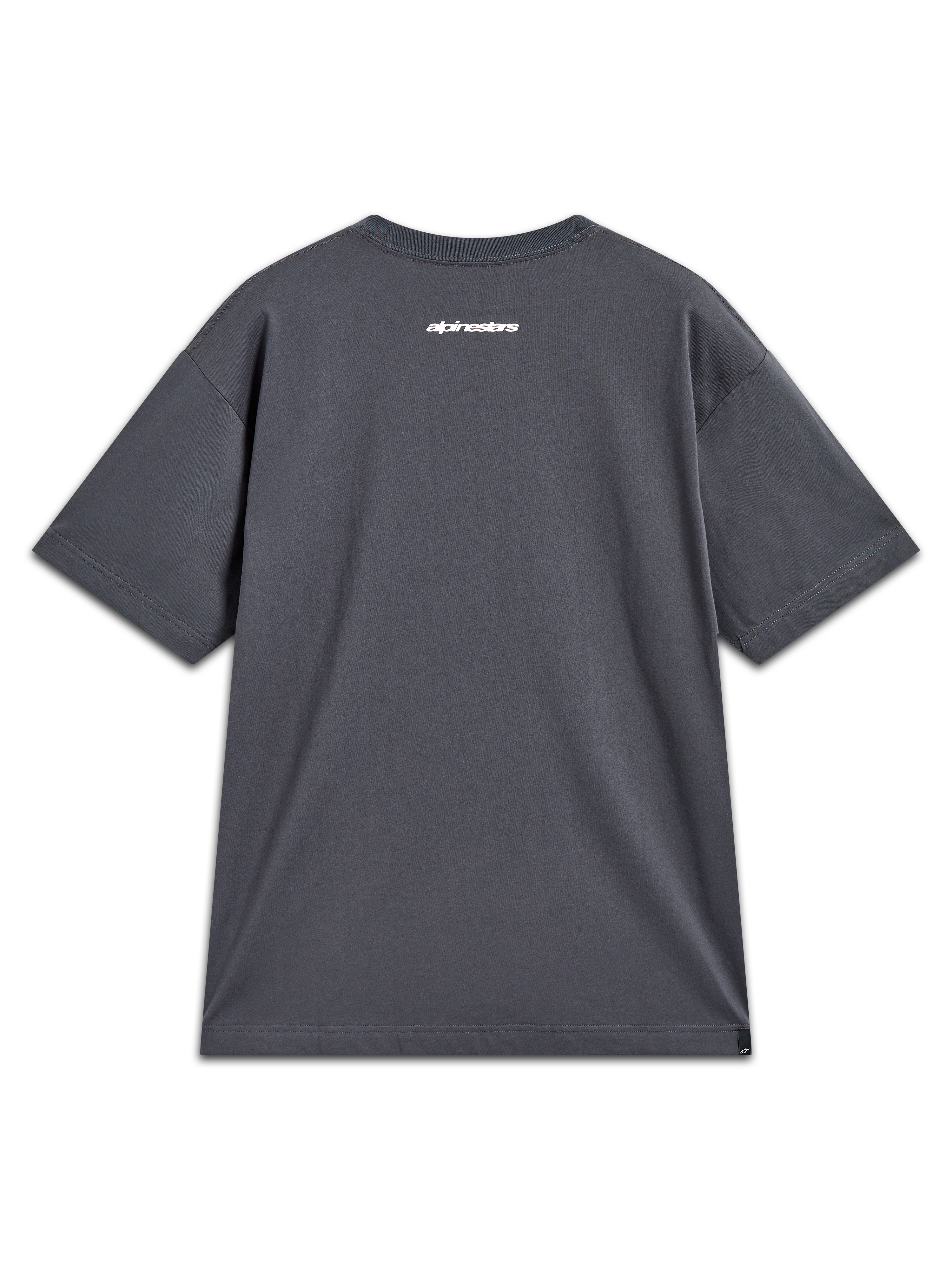 Alpinestars Prelude Oversized CSF Tee, grijs sport-T-shirt met korte mouwen en wit woordlogo op de achterzijde.