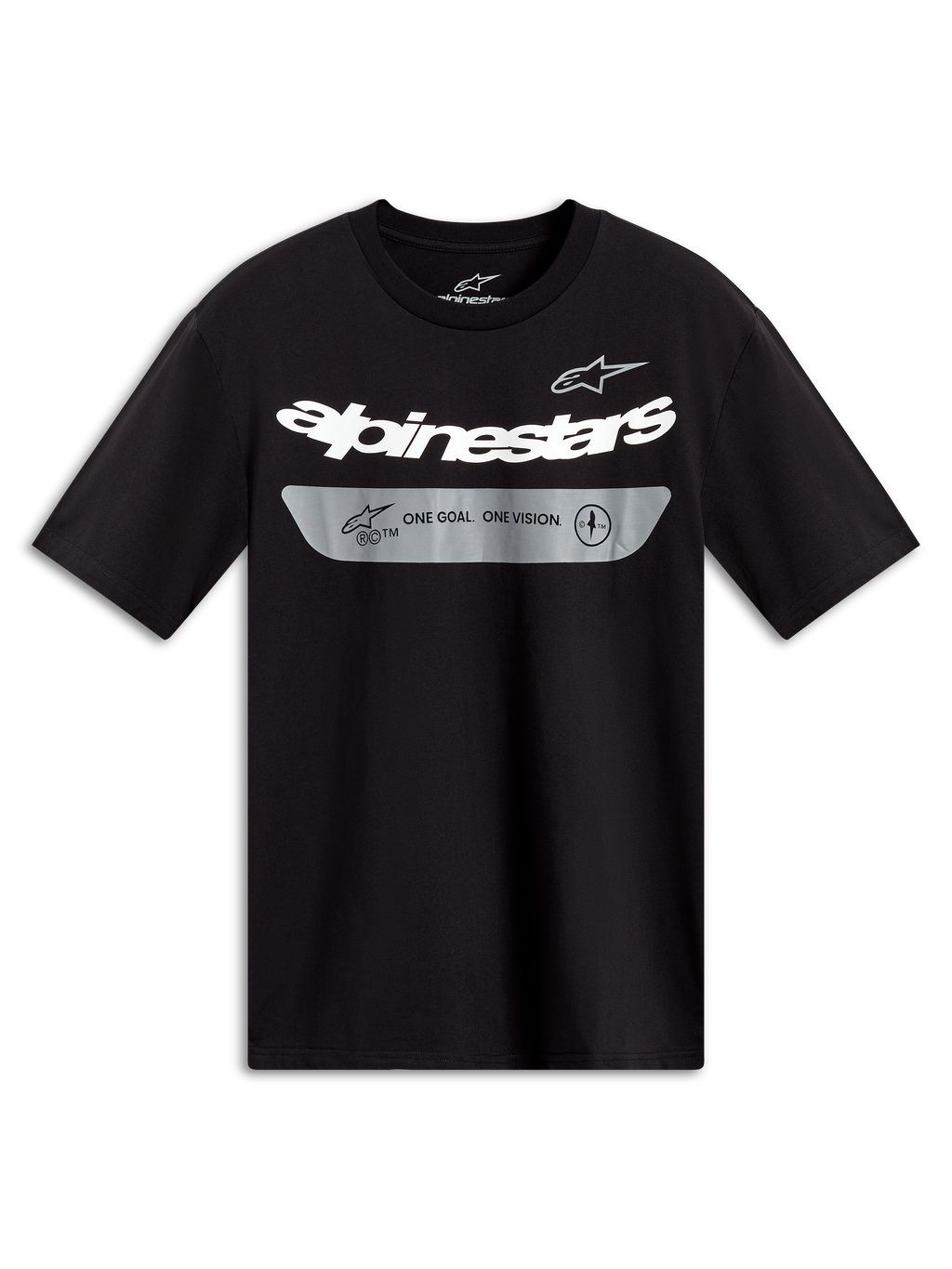 Alpinestars Singular CSF T-Shirt met korte mouwen, zwart sportswear shirt met wit gebogen logo en grijze merkslogan.
