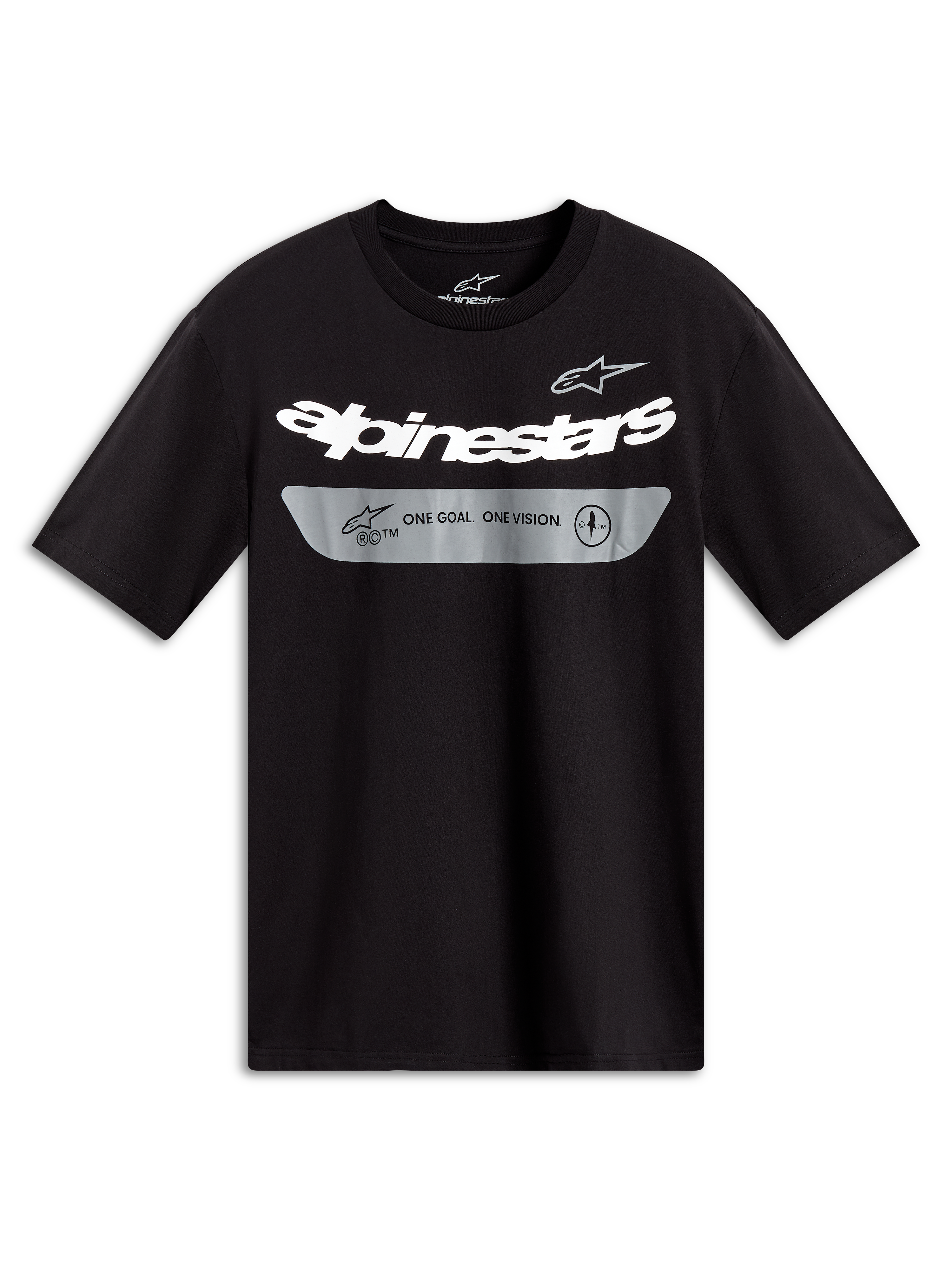 Alpinestars Singular CSF T-Shirt met korte mouwen, zwart sportswear shirt met wit gebogen logo en grijze merkslogan.