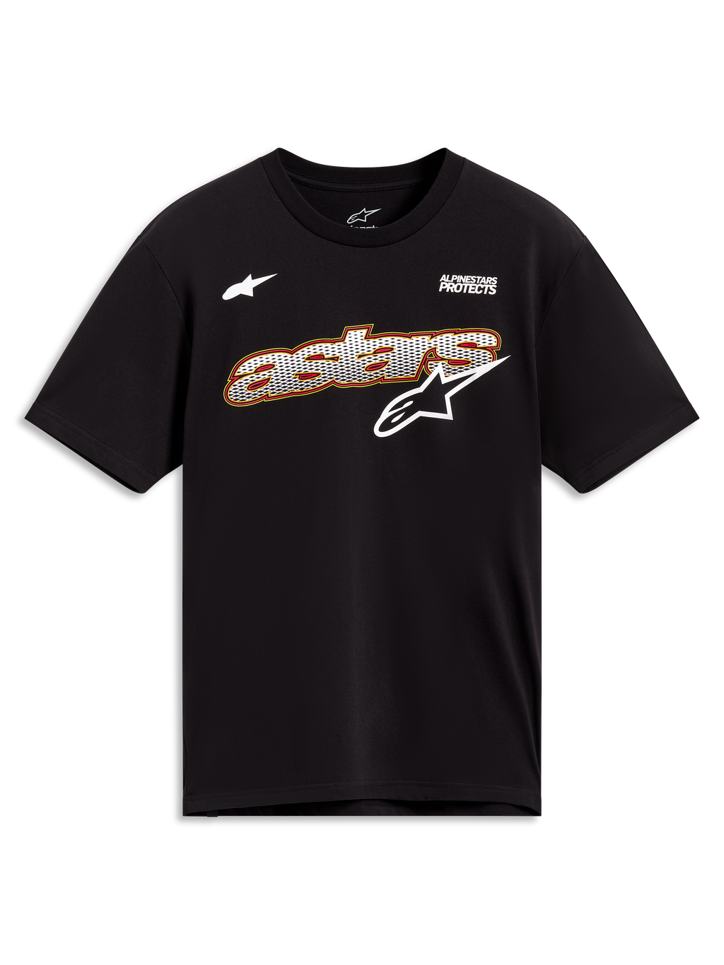 Alpinestars Cypress CSF Tee, zwart t-shirt met korte mouwen, witte mesh-fill Astars-graphic en Alpinestars Protects-branding.