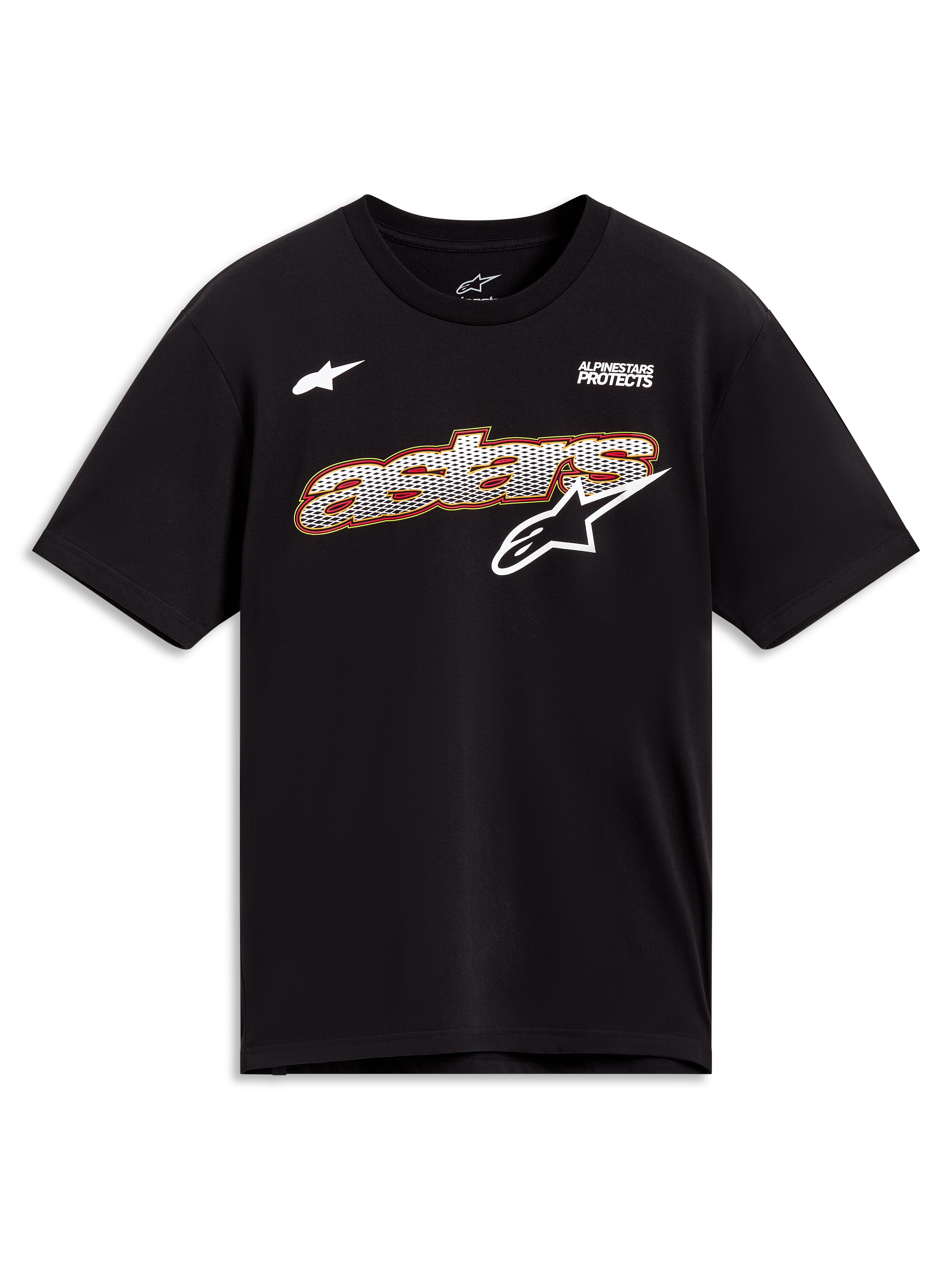 Alpinestars Cypress CSF Tee, zwart t-shirt met korte mouwen, witte mesh-fill Astars-graphic en Alpinestars Protects-branding.