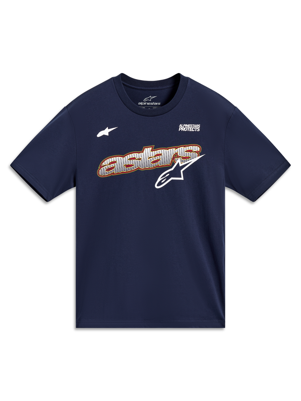 Alpinestars Cypress CSF T-shirt, sportswear T-shirt met korte mouwen, donkerblauw, voorzien van Astars-grafisch ontwerp met mesh-vulling en het Alpinestars Protects-motto.