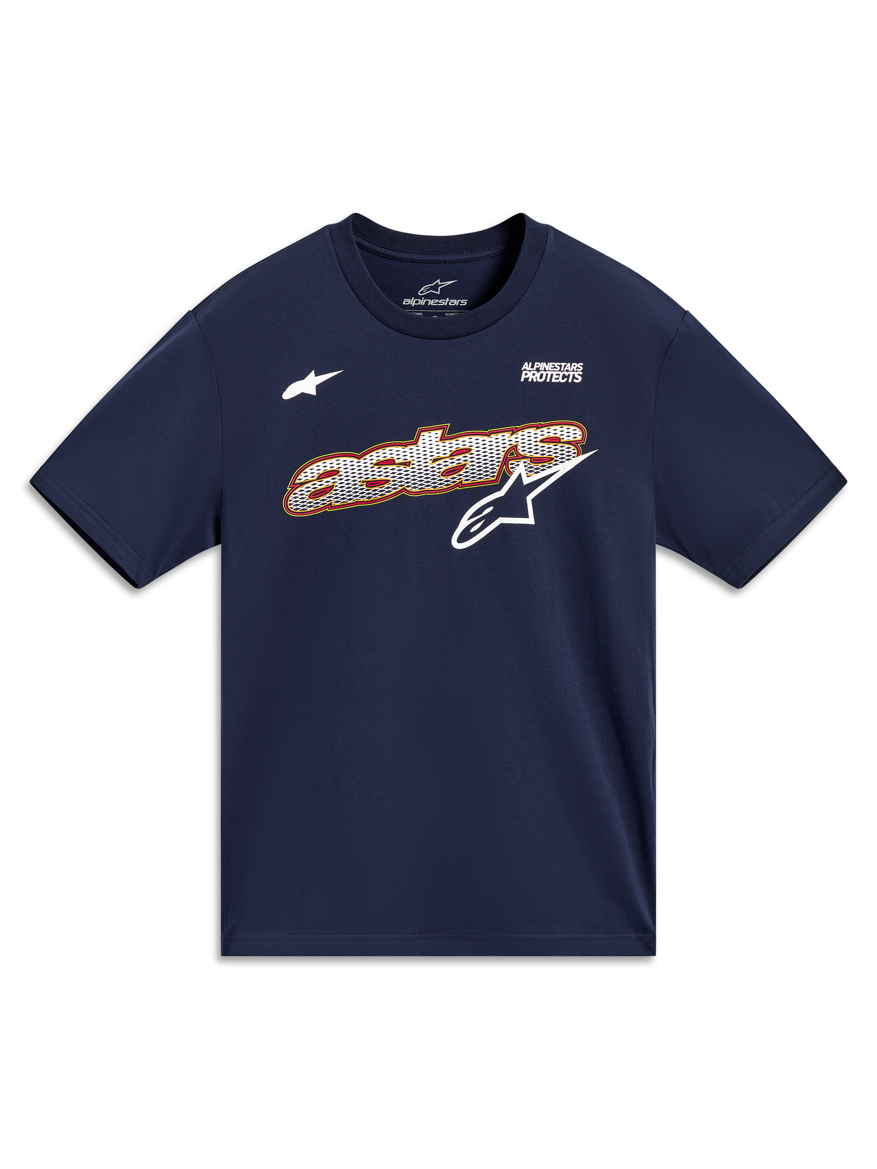 Alpinestars Cypress CSF T-shirt, sportswear T-shirt met korte mouwen, donkerblauw, voorzien van Astars-grafisch ontwerp met mesh-vulling en het Alpinestars Protects-motto.