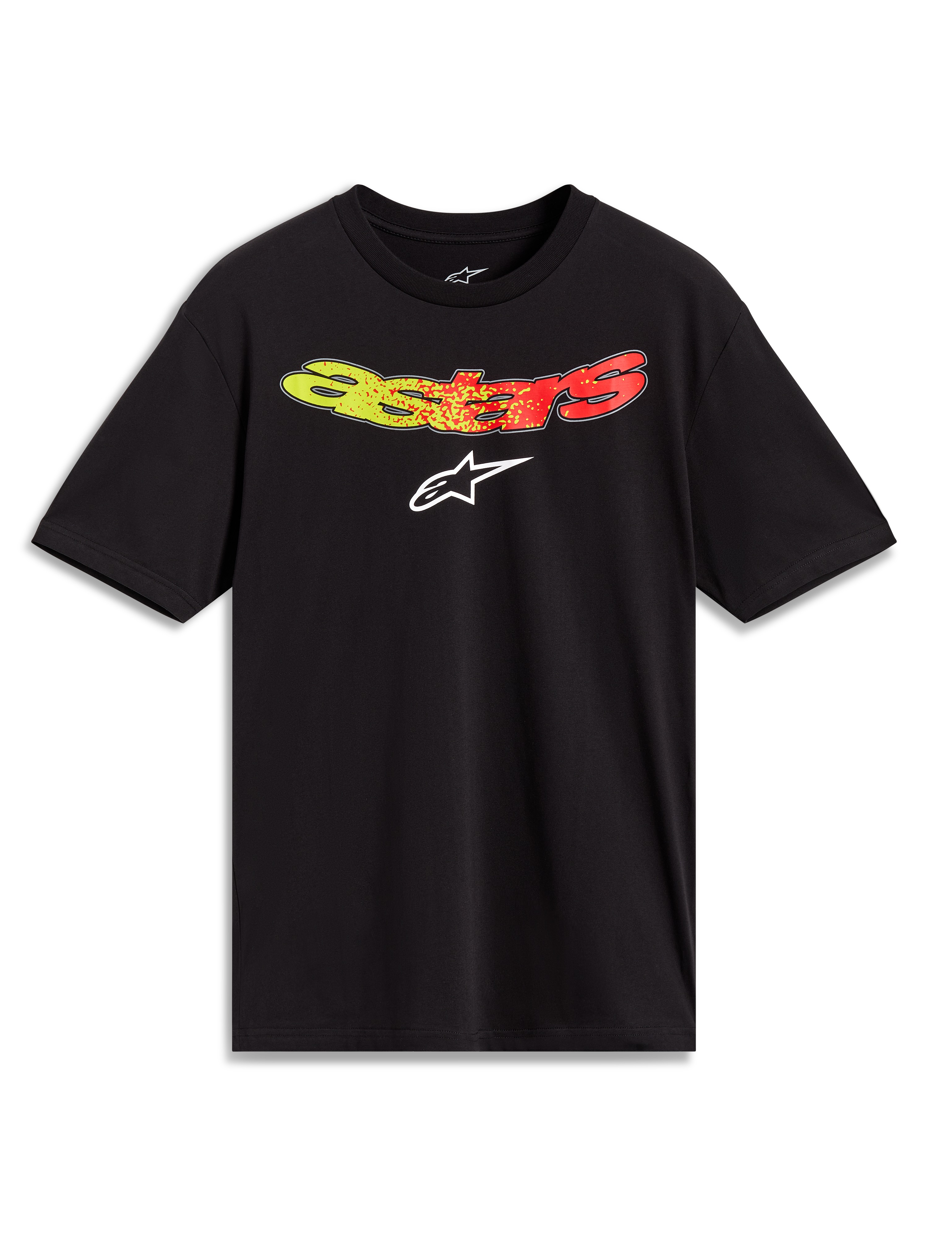 Alpinestars Elliptogrit CSF Tee - korte mouwen, zwart sportswear T-shirt met geel-rood Astars-kleurverloop en wit logo.