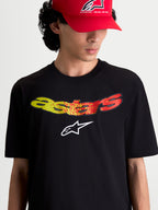 Alpinestars Elliptogrit CSF t-shirt, heren-t-shirt met korte mouwen, zwart met een geel en rood kleurverloop in de Astars-woordmerkgraphic op de borst, zachte print, katoen-polyestermix, casual sportswear.