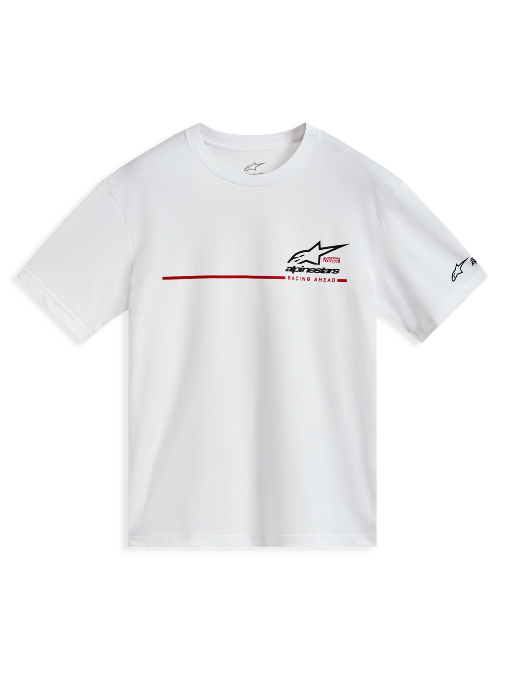 Alpinestars P1 CSF T-shirt met korte mouwen, wit sportshirt met een rode racestreep en zwart Astars-logo.