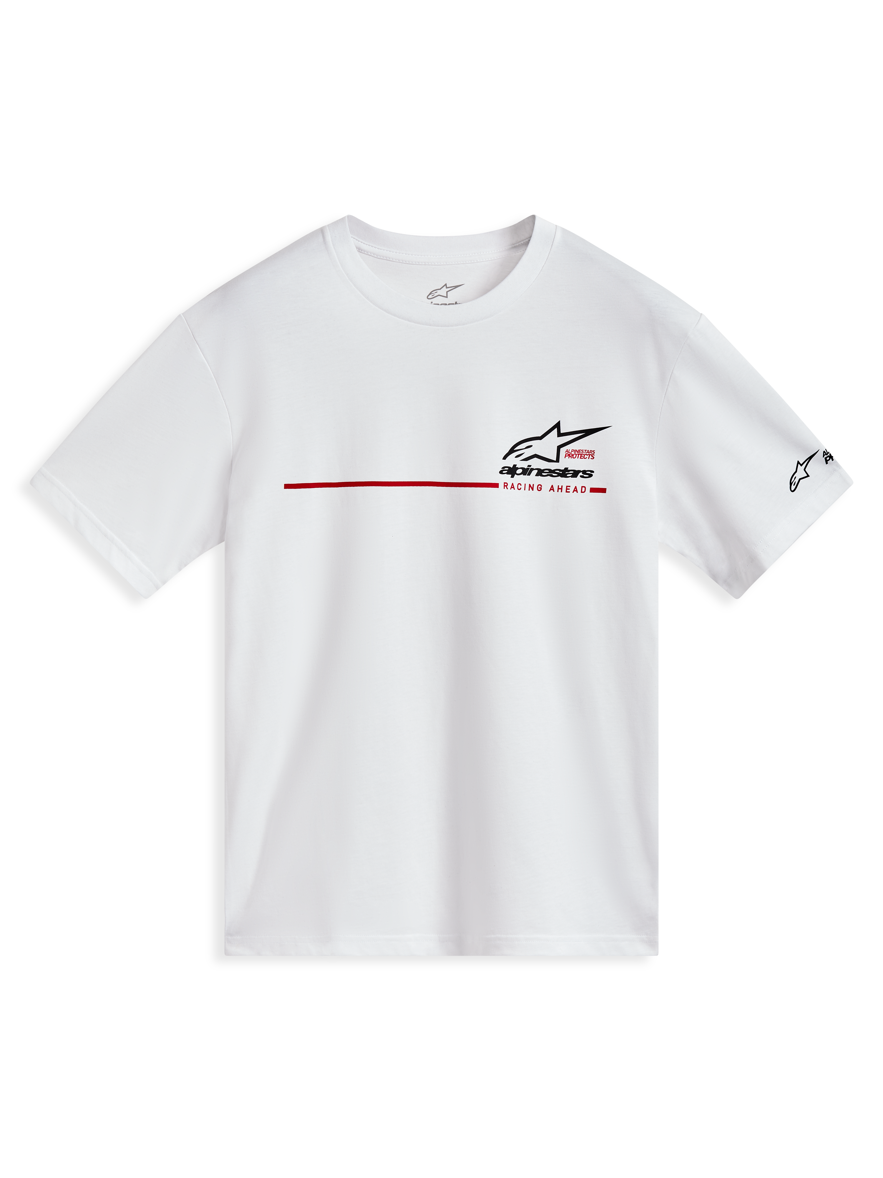 Alpinestars P1 CSF T-shirt met korte mouwen, wit sportshirt met een rode racestreep en zwart Astars-logo.