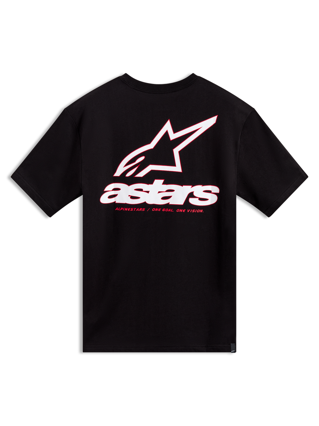 Alpinestars Lineout CSF T-shirt met korte mouwen, zwart, groot wit en rood Astars-logo op de rug, casual sportswear.