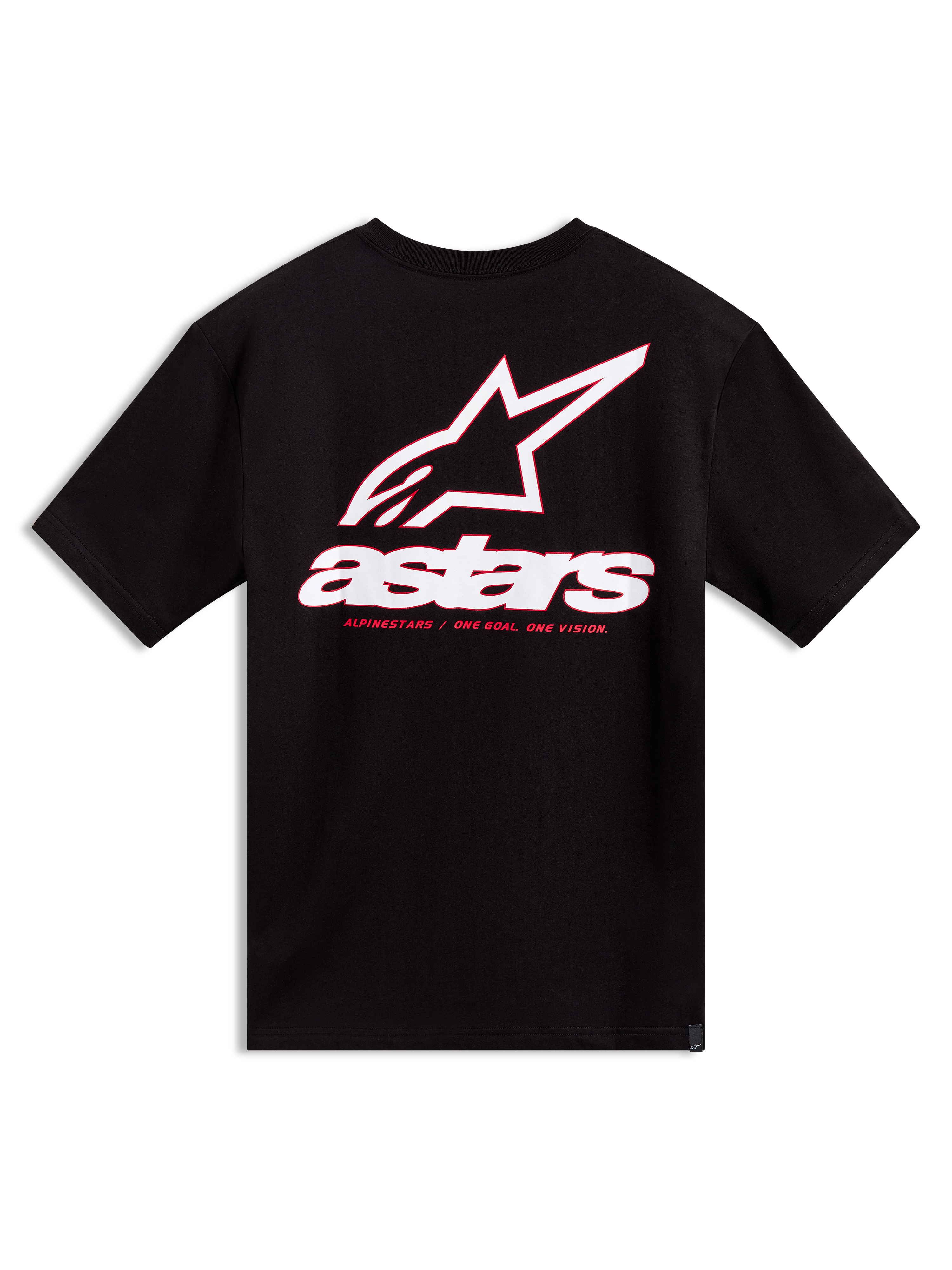 Alpinestars Lineout CSF T-shirt met korte mouwen, zwart, groot wit en rood Astars-logo op de rug, casual sportswear.