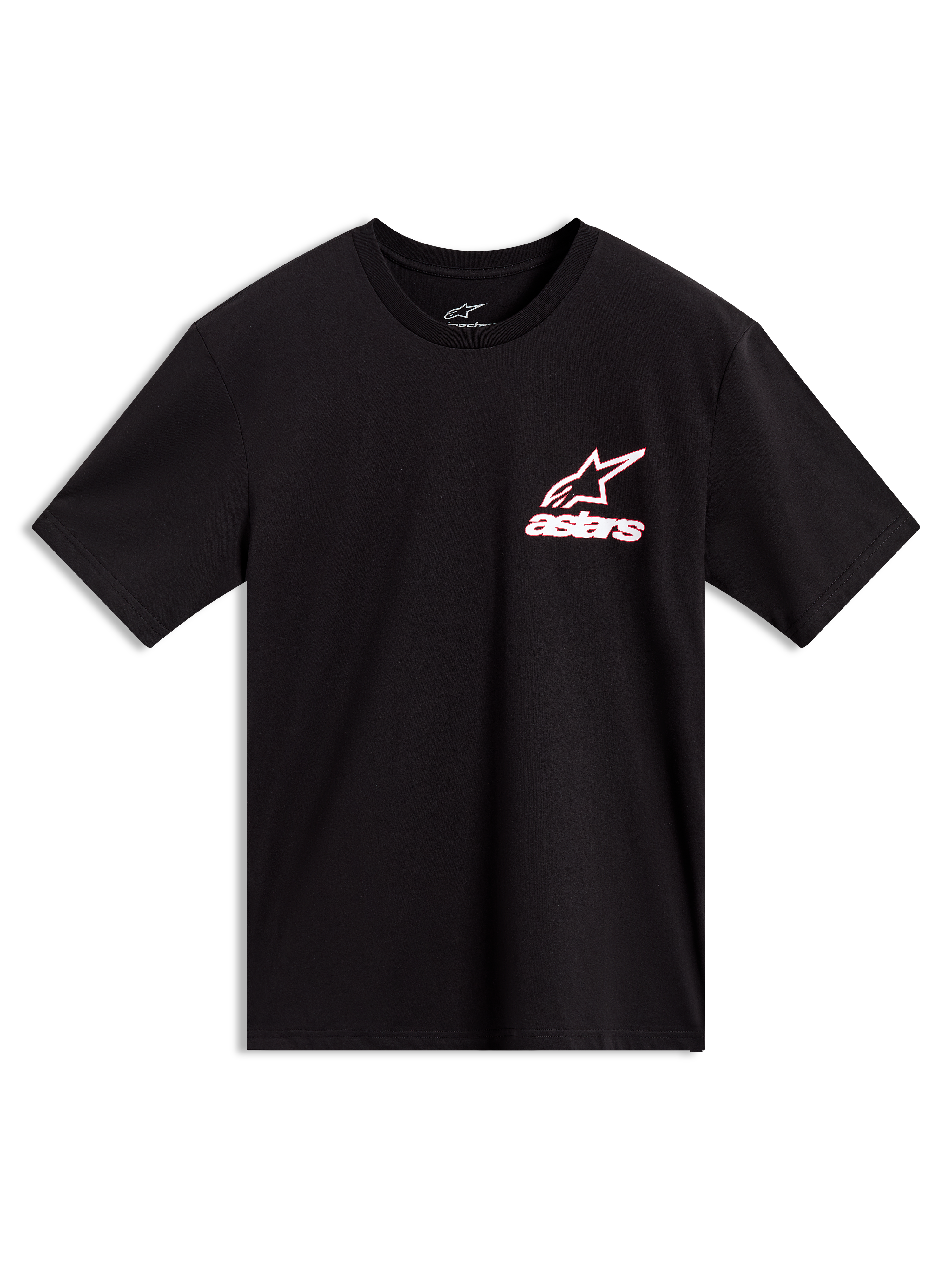 Alpinestars Lineout CSF Tee, zwart sport t-shirt met korte mouwen, wit en rood omlijnd Astars-logo op de borst, sportswear.