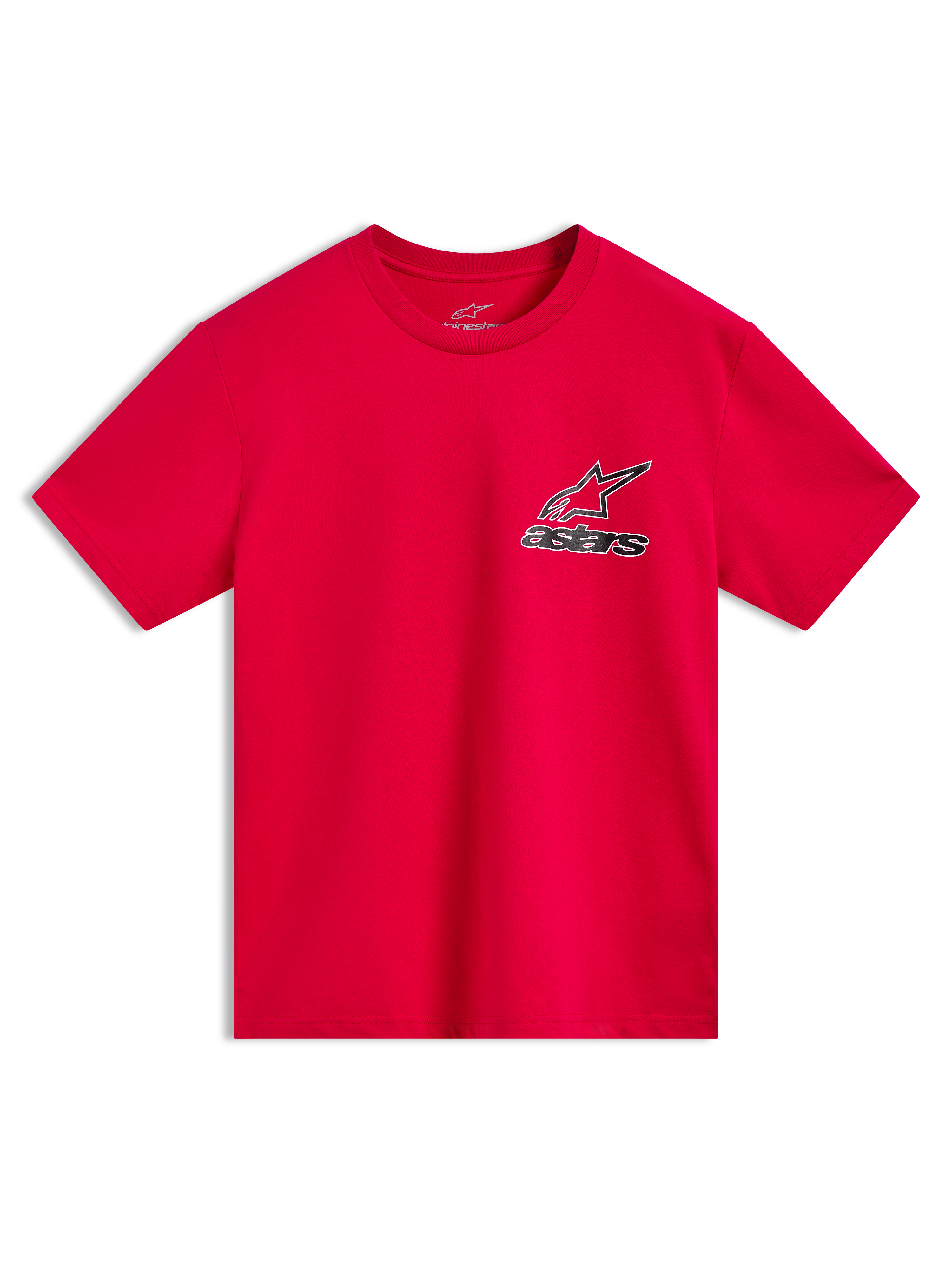 Alpinestars Lineout CSF t-shirt met korte mouwen, rood, voorzien van Astars logo-grafiek met omtrek op de voorzijde.