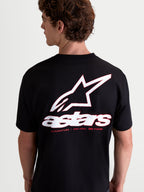 Alpinestars Lineout CSF t-shirt, heren t-shirt met korte mouwen, zwart met een groot wit en rood Astars-logo en tagline op de achterkant, premium katoen-polyestermix voor dagelijks comfort, casual sportkleding.