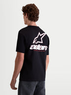 Alpinestars Lineout CSF T-shirt, heren-sportswear T-shirt met korte mouwen, zwart, met een groot wit Astars-logo op de achterzijde en rode accenten, premium katoen-polymix constructie.