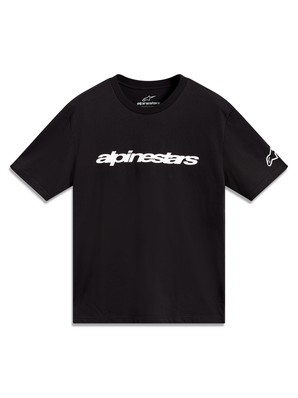 Alpinestars Race Wordmark CSF t-shirt, zwart sportshirt met korte mouwen, voorzien van wit lineair logo en mouwlogo.