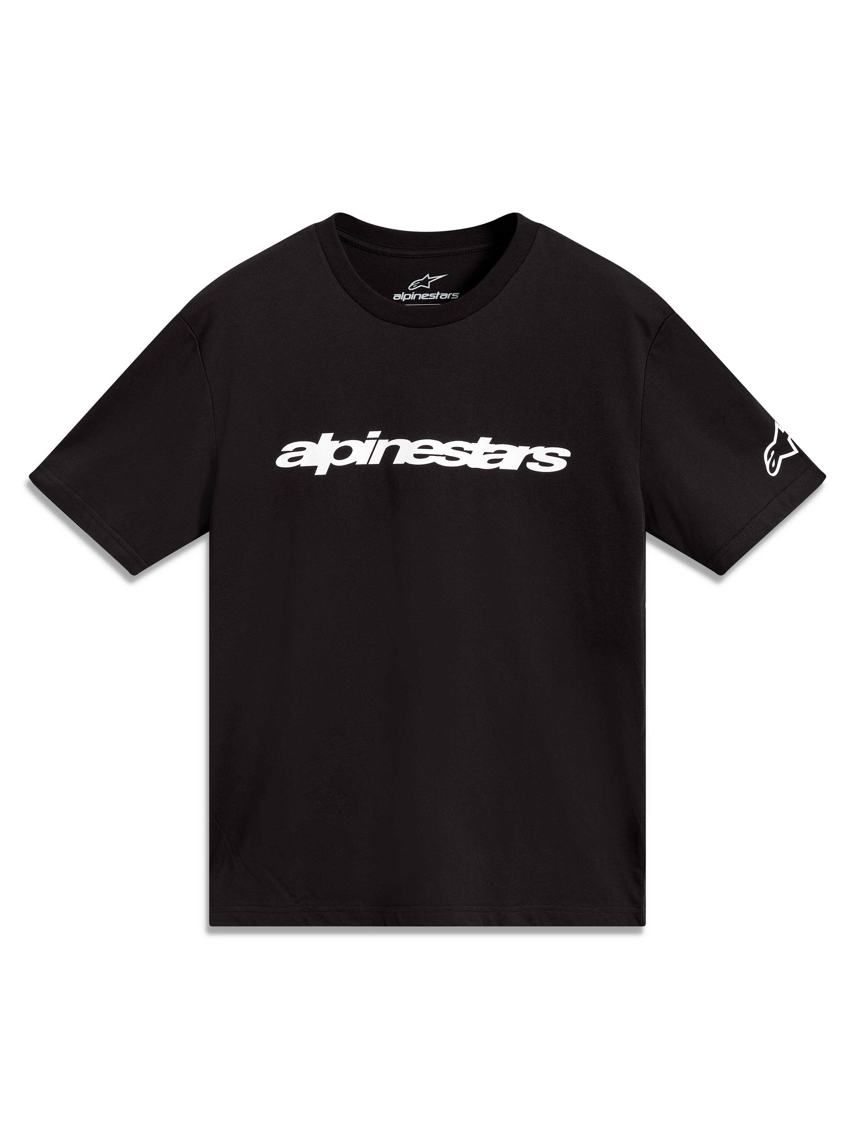 Alpinestars Race Wordmark CSF t-shirt, zwart sportshirt met korte mouwen, voorzien van wit lineair logo en mouwlogo.