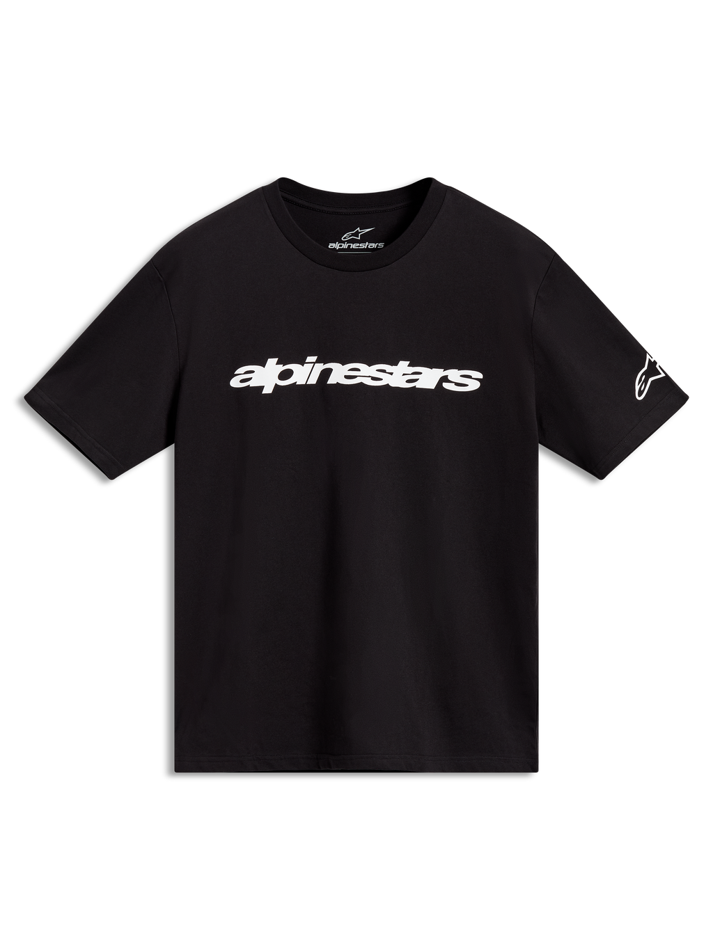 Alpinestars Race Wordmark CSF t-shirt met korte mouwen, zwart en wit, sportswear met wit lineair logo op de borst en mouw.