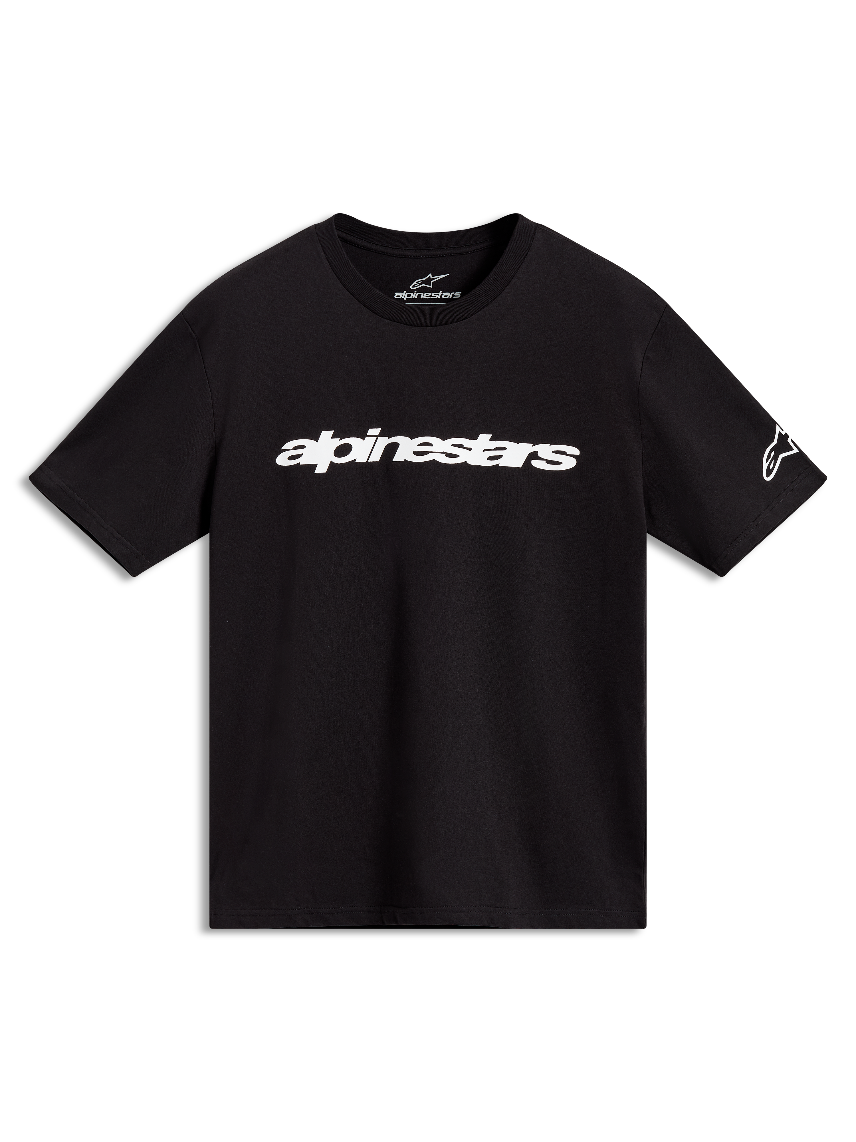 Alpinestars Race Wordmark CSF t-shirt met korte mouwen, zwart en wit, sportswear met wit lineair logo op de borst en mouw.