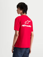 Alpinestars Combo Back CSF t-shirt, motorsport-geïnspireerd sportswear-t-shirt voor heren met korte mouwen, rood en wit, met een groot wit Astars-logo en branding op de achterzijde.