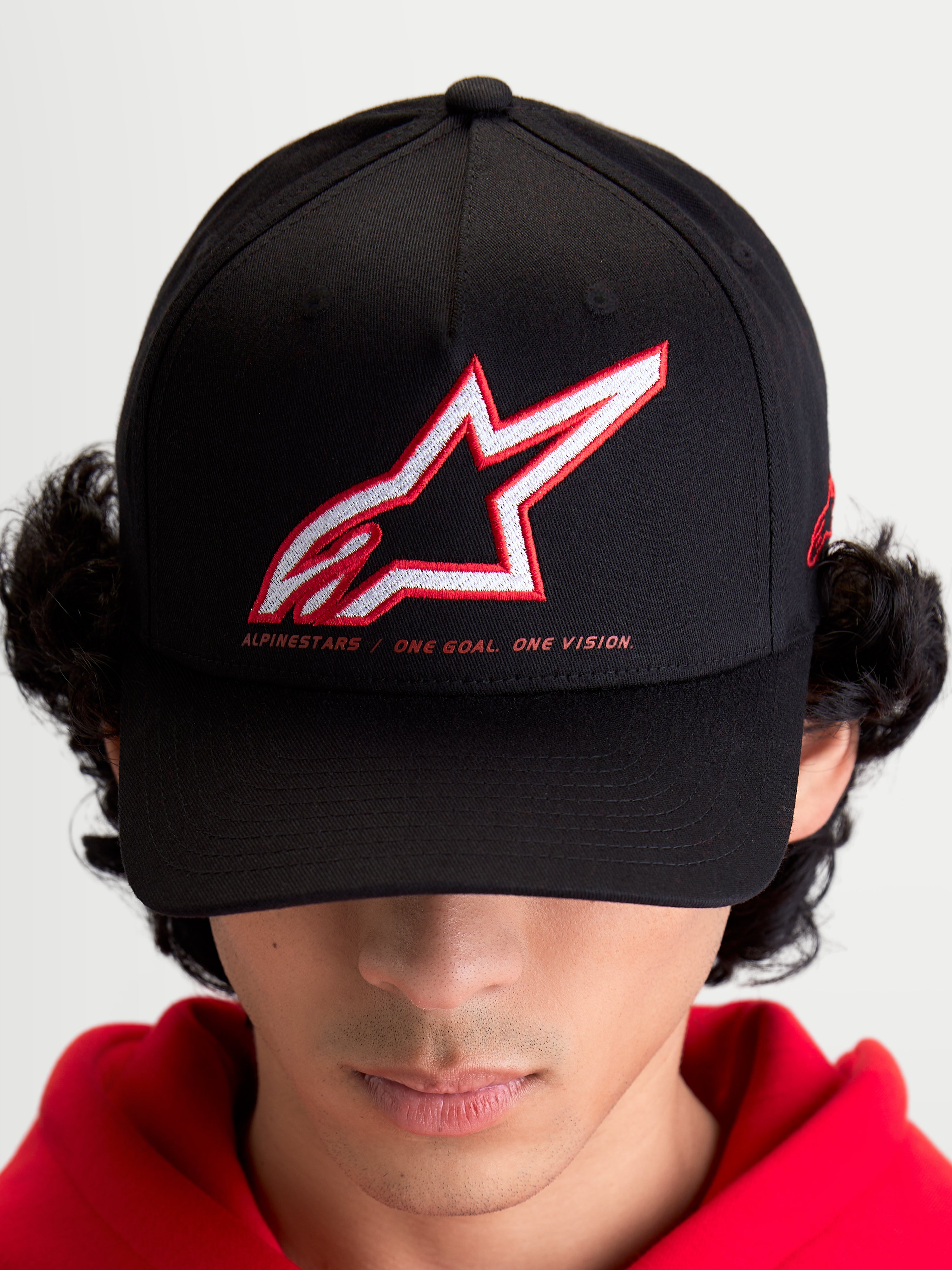 Alpinestars Lineout Hat, Sportswear Baseball Cap for Men and Women, Black with Red and White Embroidered Astars Logo and One Goal One Vision slogan, Curved Bill, Structured Crown, Textile Construction