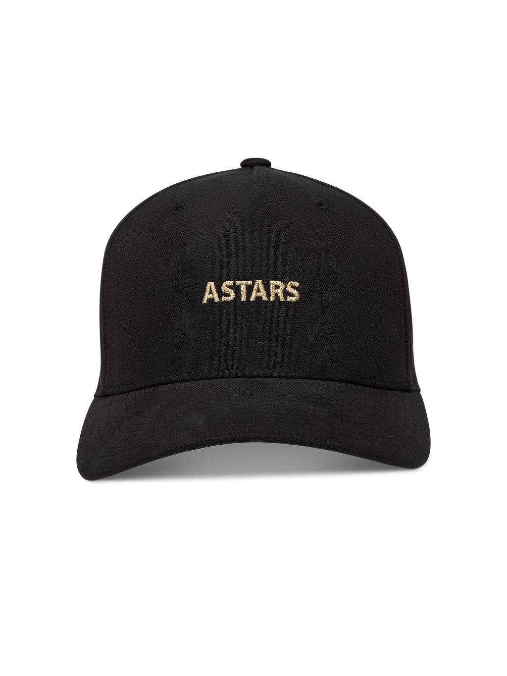 Alpinestars County Canvas Hat in black, featuring a gold embroidered ASTARS logo, curved bill, and structured crown.