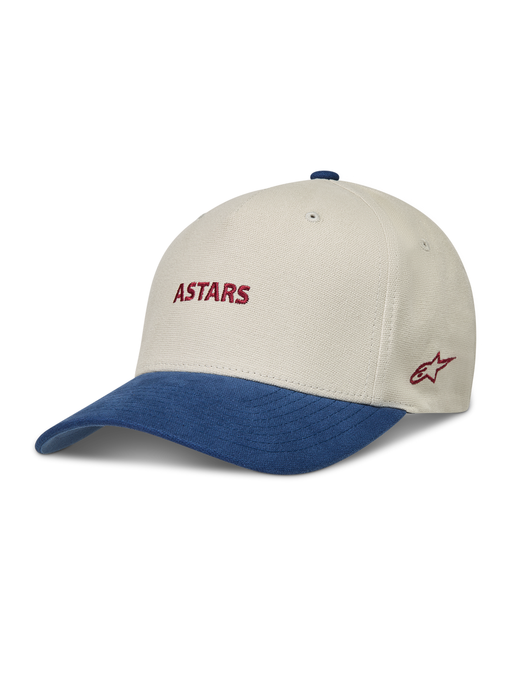 Alpinestars County Canvas hoed, zandkleurige en blauwe sportswear pet met gebogen klep en rood Astars-logo.