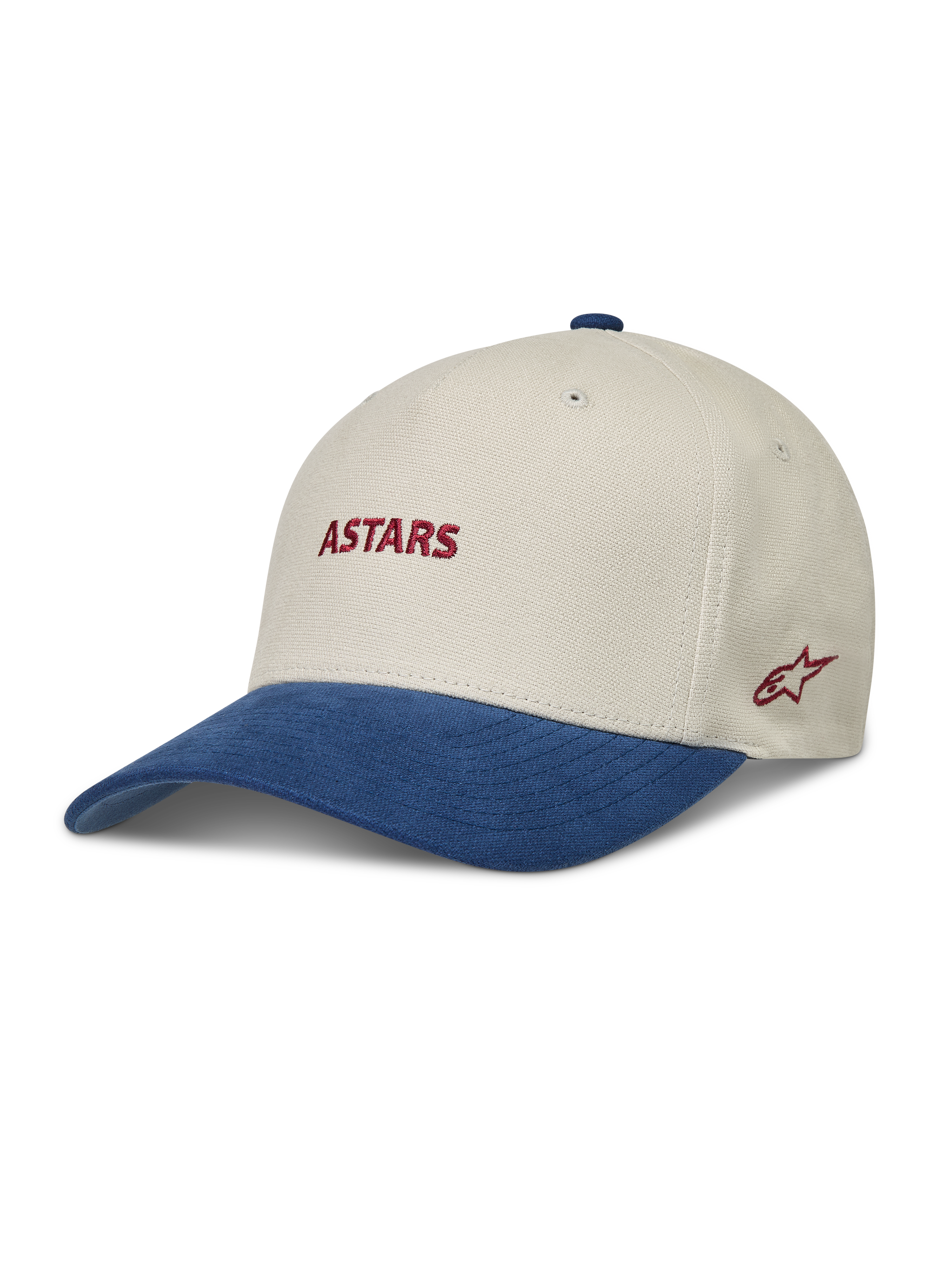 Alpinestars County Canvas hoed, zandkleurige en blauwe sportswear pet met gebogen klep en rood Astars-logo.