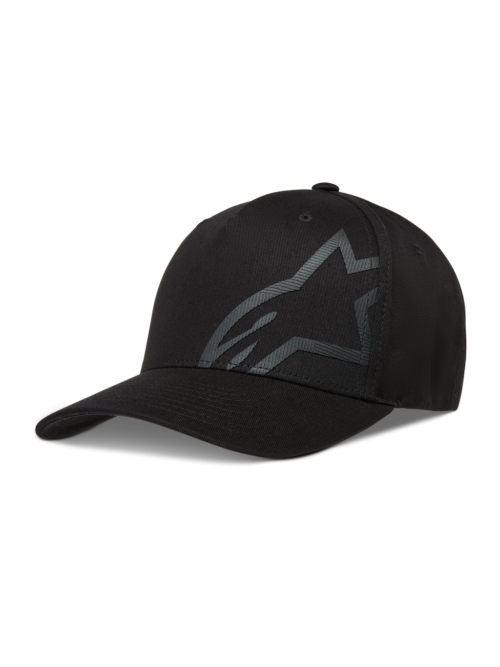 Alpinestars Maze Hoed, zwarte sportswear pet van keperstof met een gestructureerd Astars-logo en gebogen klep.