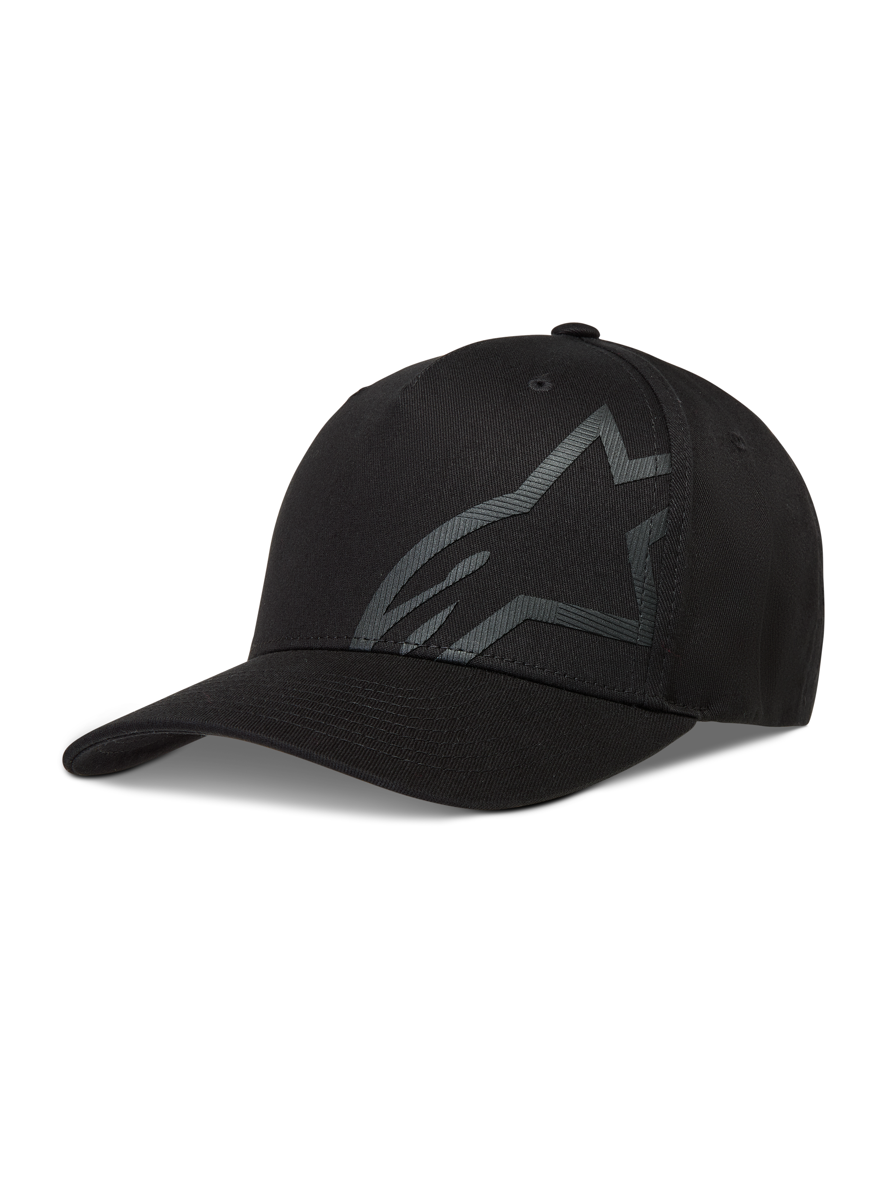 Alpinestars Maze Hoed, zwarte sportswear pet van keperstof met een gestructureerd Astars-logo en gebogen klep.