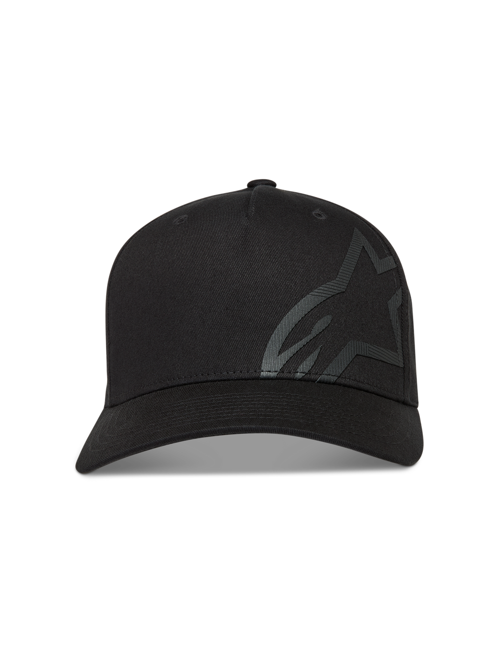 Alpinestars Maze hoed, zwarte sportswearpet met gebogen klep en groot getextureerd Astars-logo van keperstof.