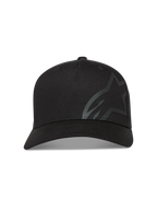 Alpinestars Maze hoed, zwarte sportswearpet met gebogen klep en groot getextureerd Astars-logo van keperstof.