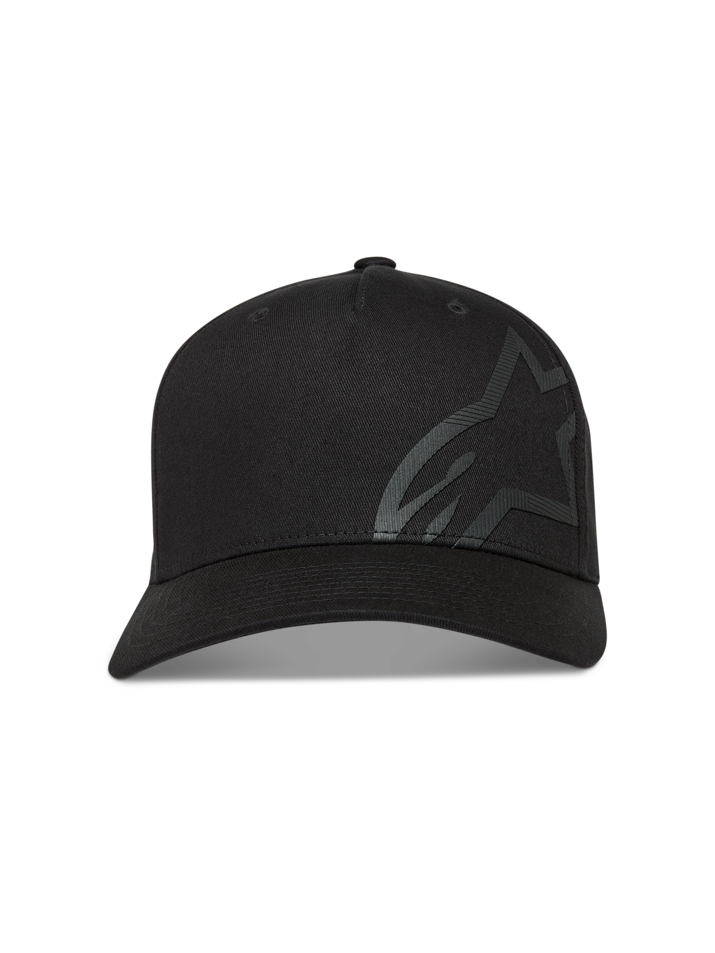 Alpinestars Maze hoed, zwarte sportswearpet met gebogen klep en groot getextureerd Astars-logo van keperstof.