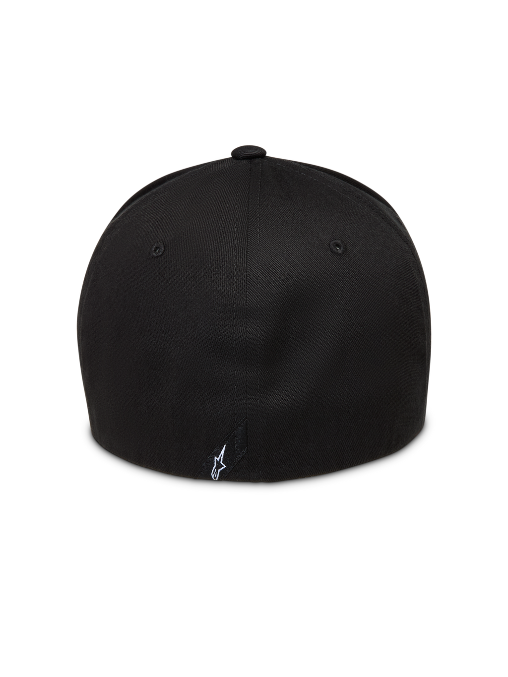 Alpinestars Maze hoed, zwarte flex-back pet voor sportswear, keperstof, met logo-detail op de achterzijde.