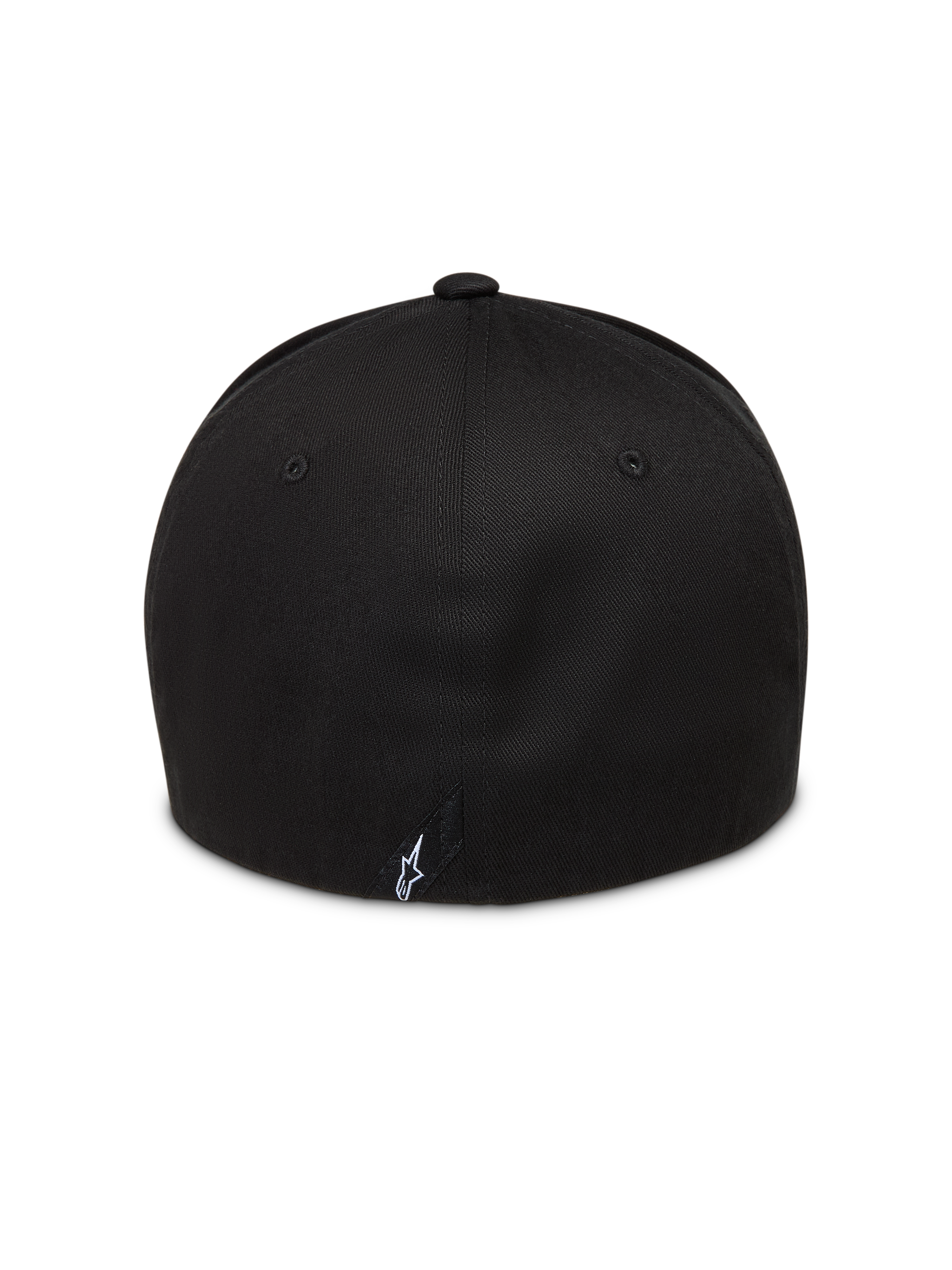 Alpinestars Maze hoed, zwarte flex-back pet voor sportswear, keperstof, met logo-detail op de achterzijde.