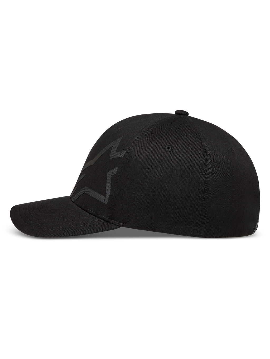 Alpinestars Maze Hoed, zwarte sportswear cap met gebogen klep, gestructureerde kroon en een getextureerd Astars-logo.