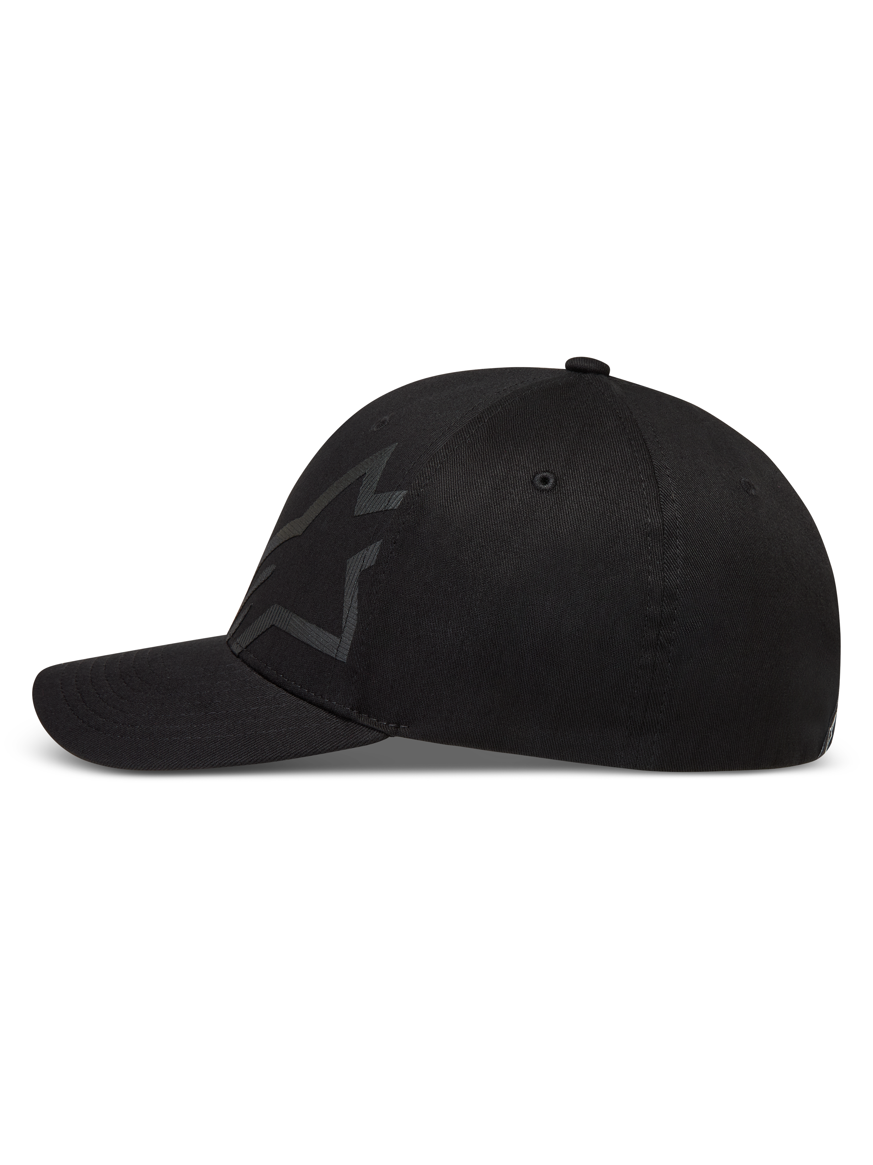 Alpinestars Maze Hoed, zwarte sportswear cap met gebogen klep, gestructureerde kroon en een getextureerd Astars-logo.
