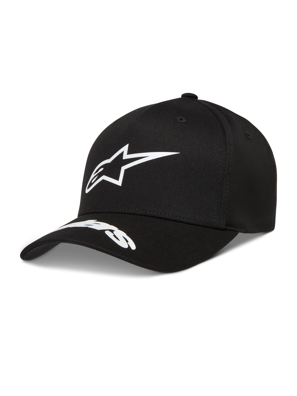 Alpinestars Arclight hoed, zwarte pet met wit puffprint-logo en woordlogo op de gebogen klep, keperstof constructie.