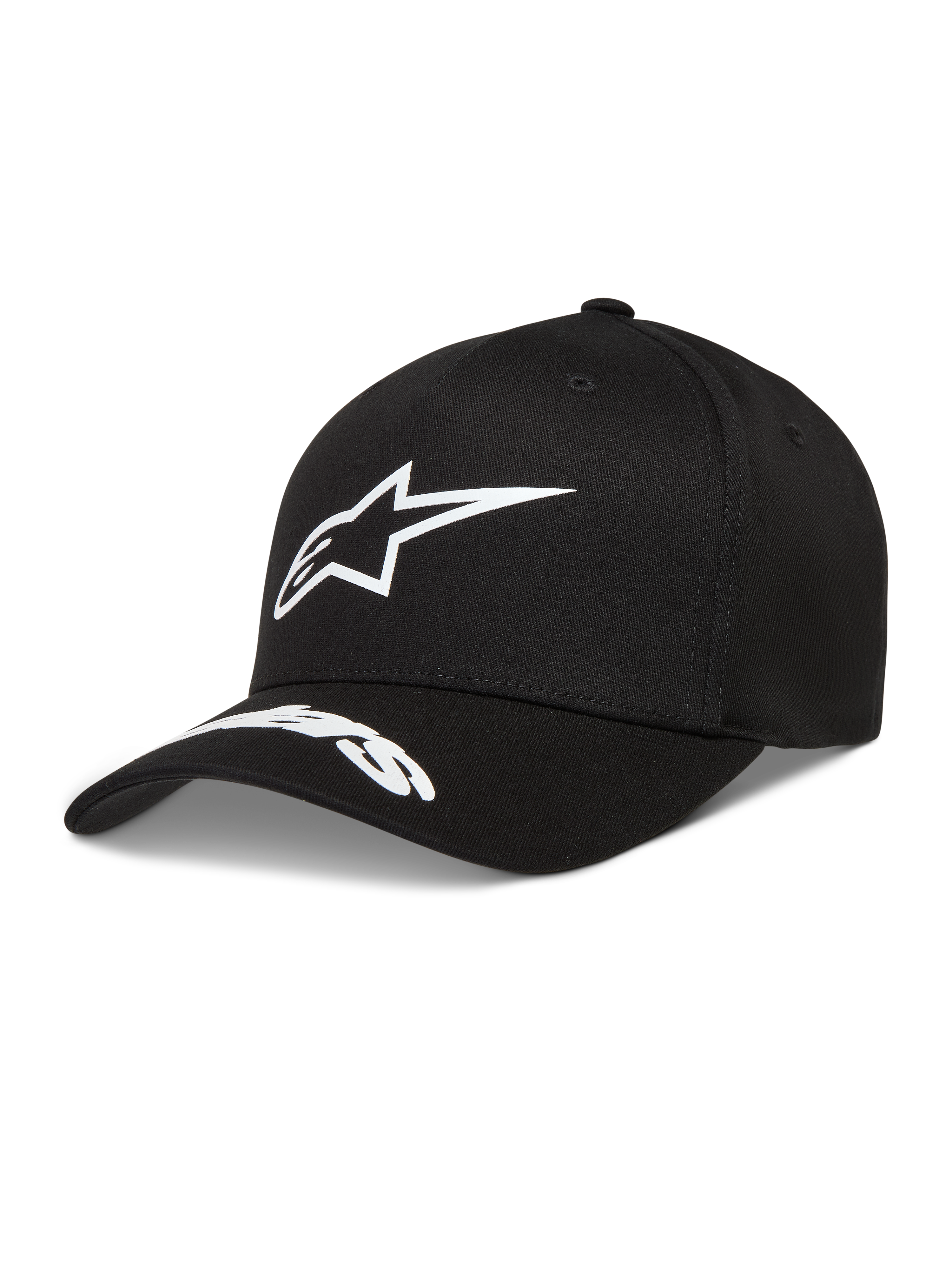 Alpinestars Arclight hoed, zwarte pet met wit puffprint-logo en woordlogo op de gebogen klep, keperstof constructie.