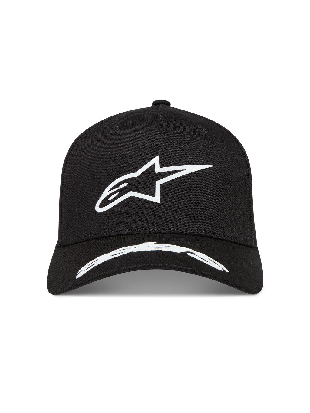 Alpinestars Arclight hoed, zwarte sportswear pet met wit puffprint Astars-logo, gebogen klep, gestructureerde kroon, keperstof.