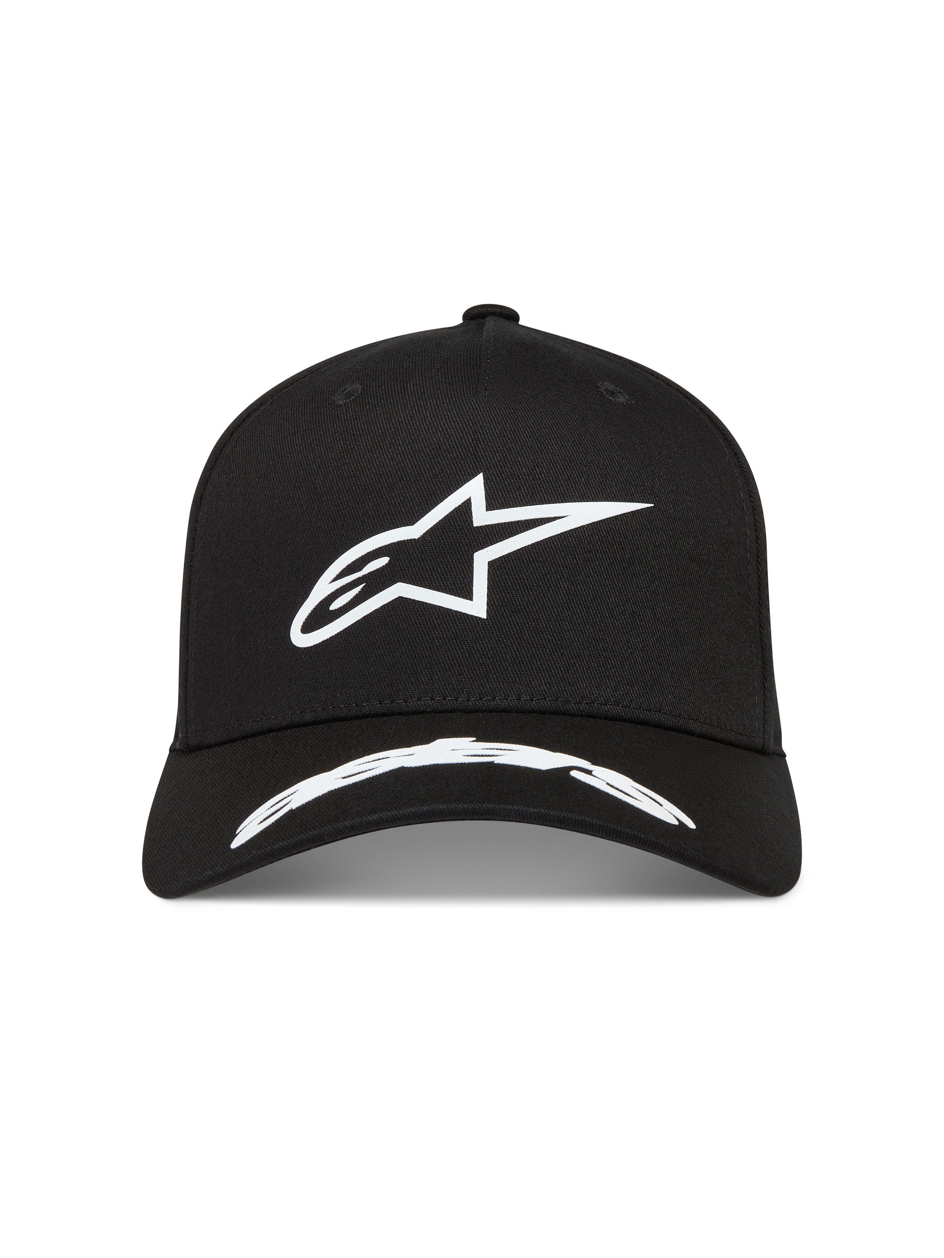 Alpinestars Arclight hoed, zwarte sportswear pet met wit puffprint Astars-logo, gebogen klep, gestructureerde kroon, keperstof.