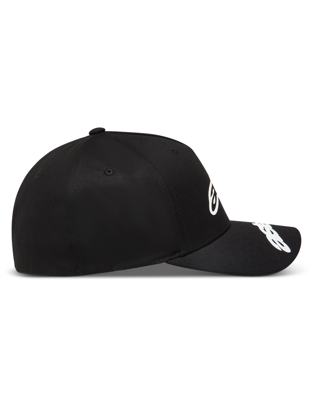 Alpinestars Arclight hoed, zwarte sportswear pet met gestructureerde kroon en witte puffprint-logo's, zwart en wit.