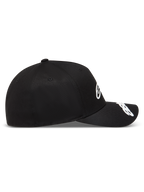 Alpinestars Arclight hoed, zwarte sportswear pet met gestructureerde kroon en witte puffprint-logo's, zwart en wit.