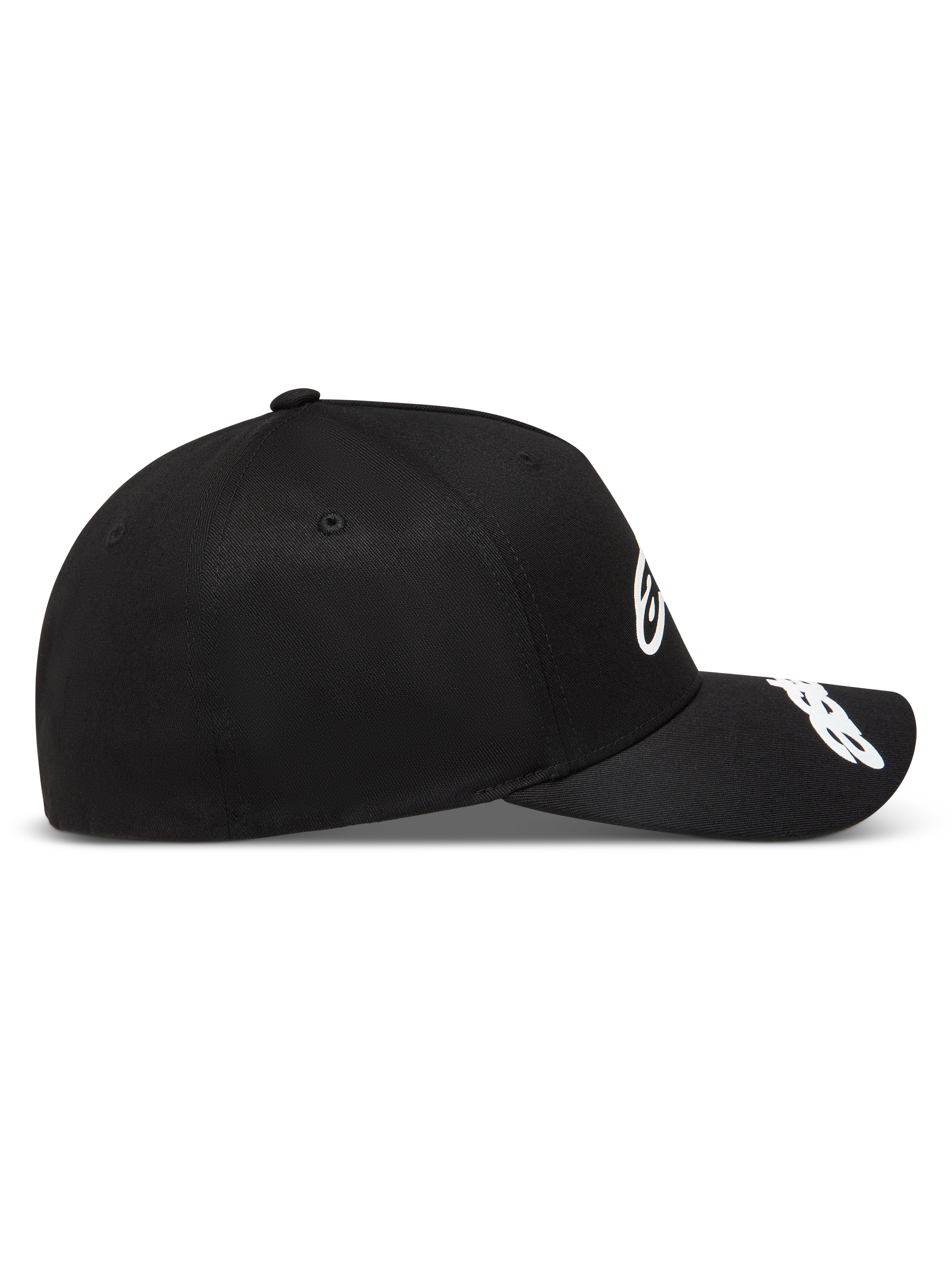 Alpinestars Arclight hoed, zwarte sportswear pet met gestructureerde kroon en witte puffprint-logo's, zwart en wit.