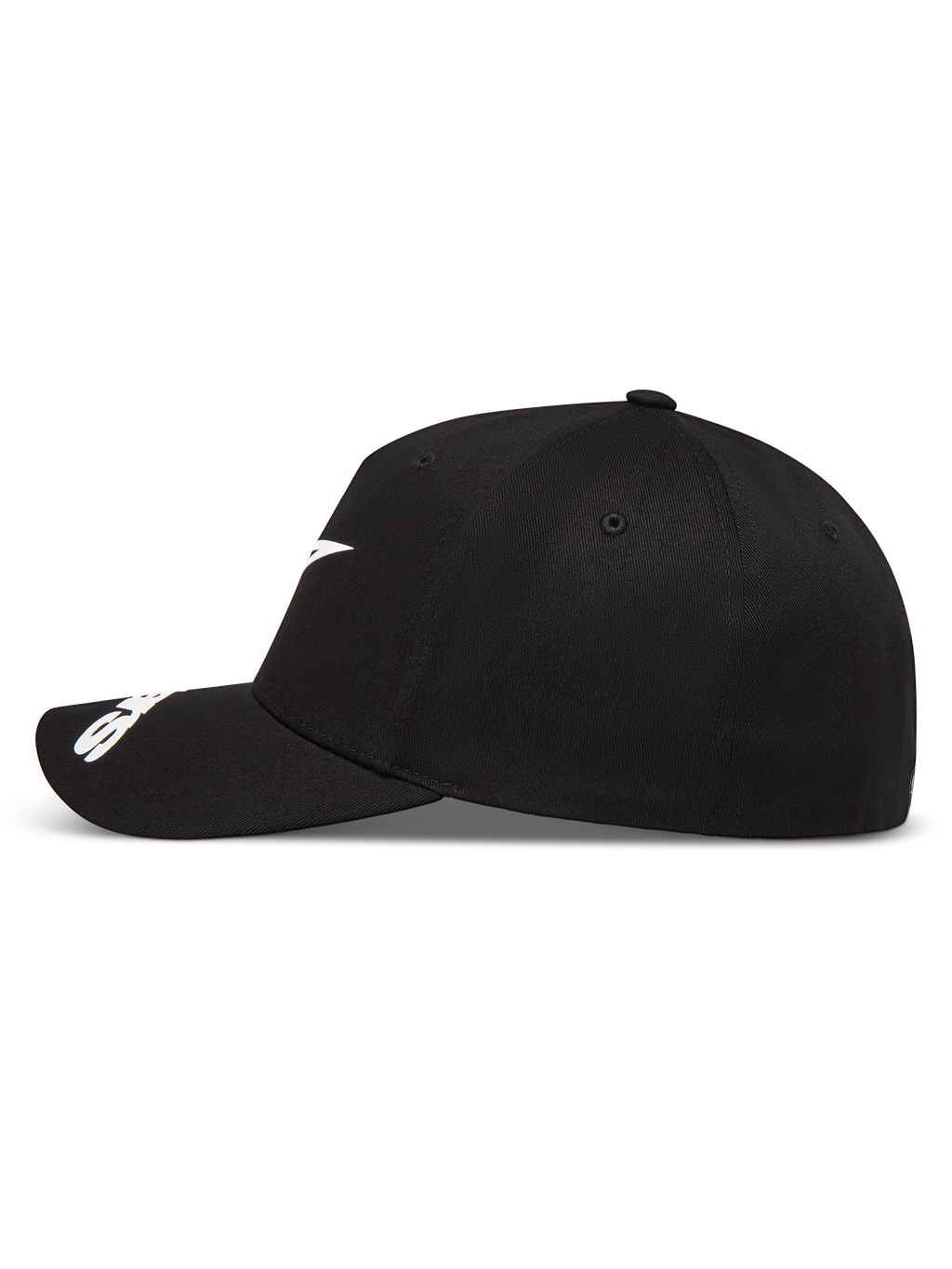 Alpinestars Arclight hoed, zwarte baseballpet met wit logo, gebogen klep en gestructureerde kroon.