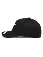 Alpinestars Arclight hoed, zwarte baseballpet met wit logo, gebogen klep en gestructureerde kroon.