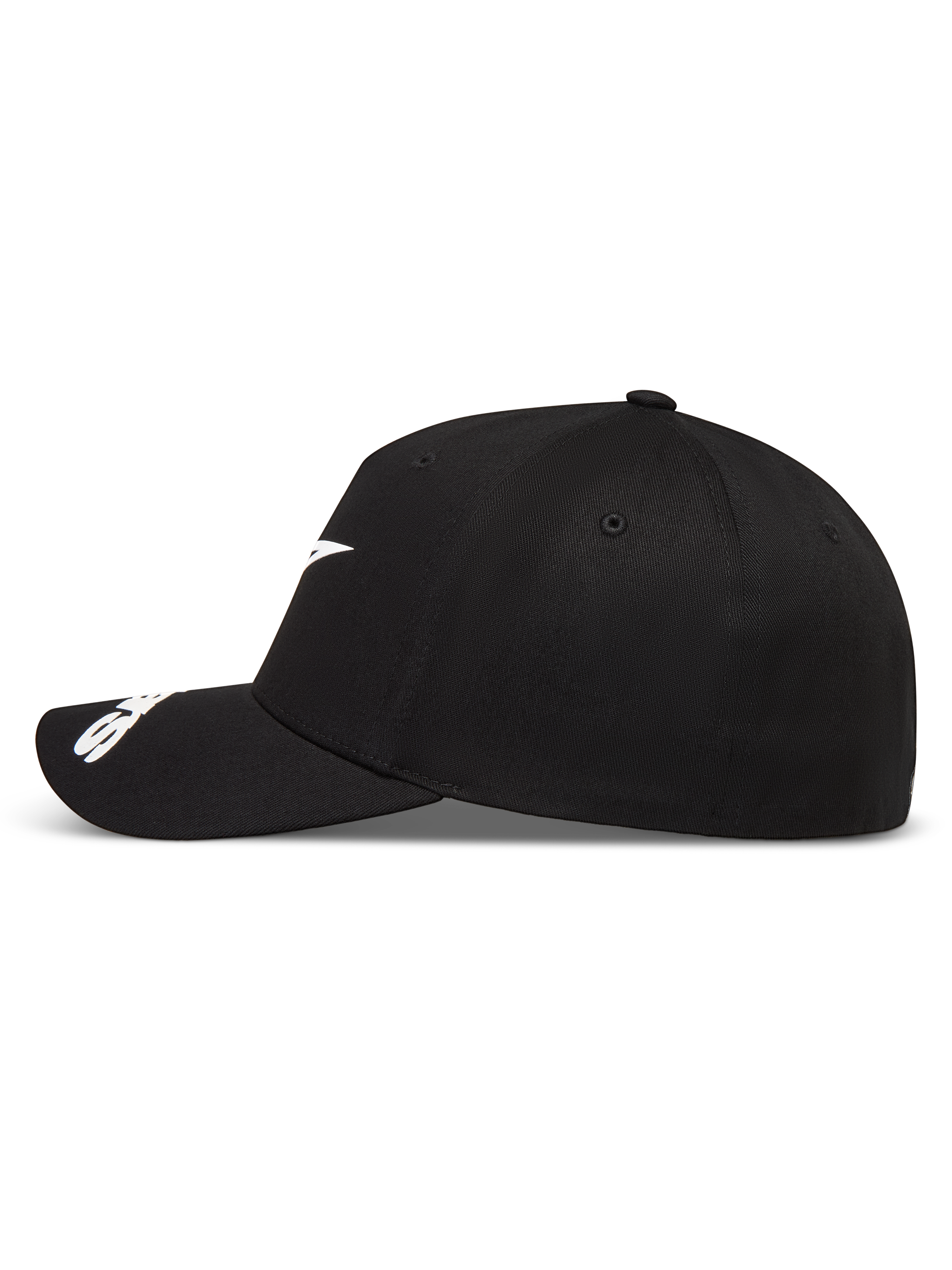 Alpinestars Arclight hoed, zwarte baseballpet met wit logo, gebogen klep en gestructureerde kroon.