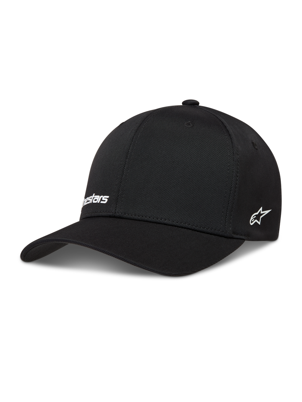 Alpinestars Points hoed, zwarte nylon tactel sportpet met witte HD-print logo's en een flexibele achterkant.